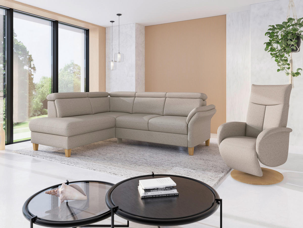 ECKSOFA GLENDALE E in Flachgewebe Taupe  193/247 cm  - Taupe/Eichefarben, KONVENTIONELL, Holz/Textil (193/247cm) - Sit & More