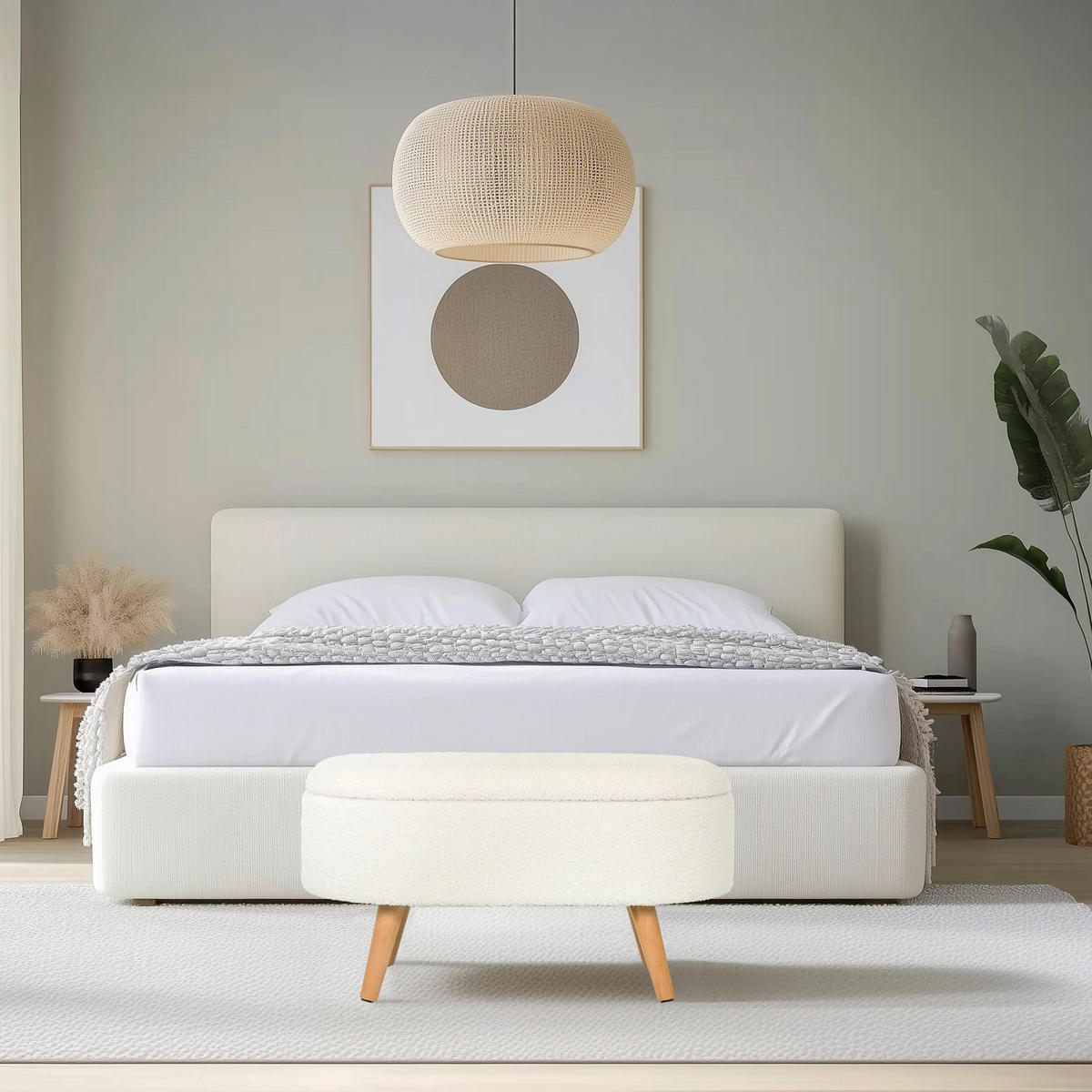 HOCKER Bouclé Weiß  - Eichefarben/Weiß, MODERN, Holzwerkstoff/Textil (82/43/47cm) - MID.YOU