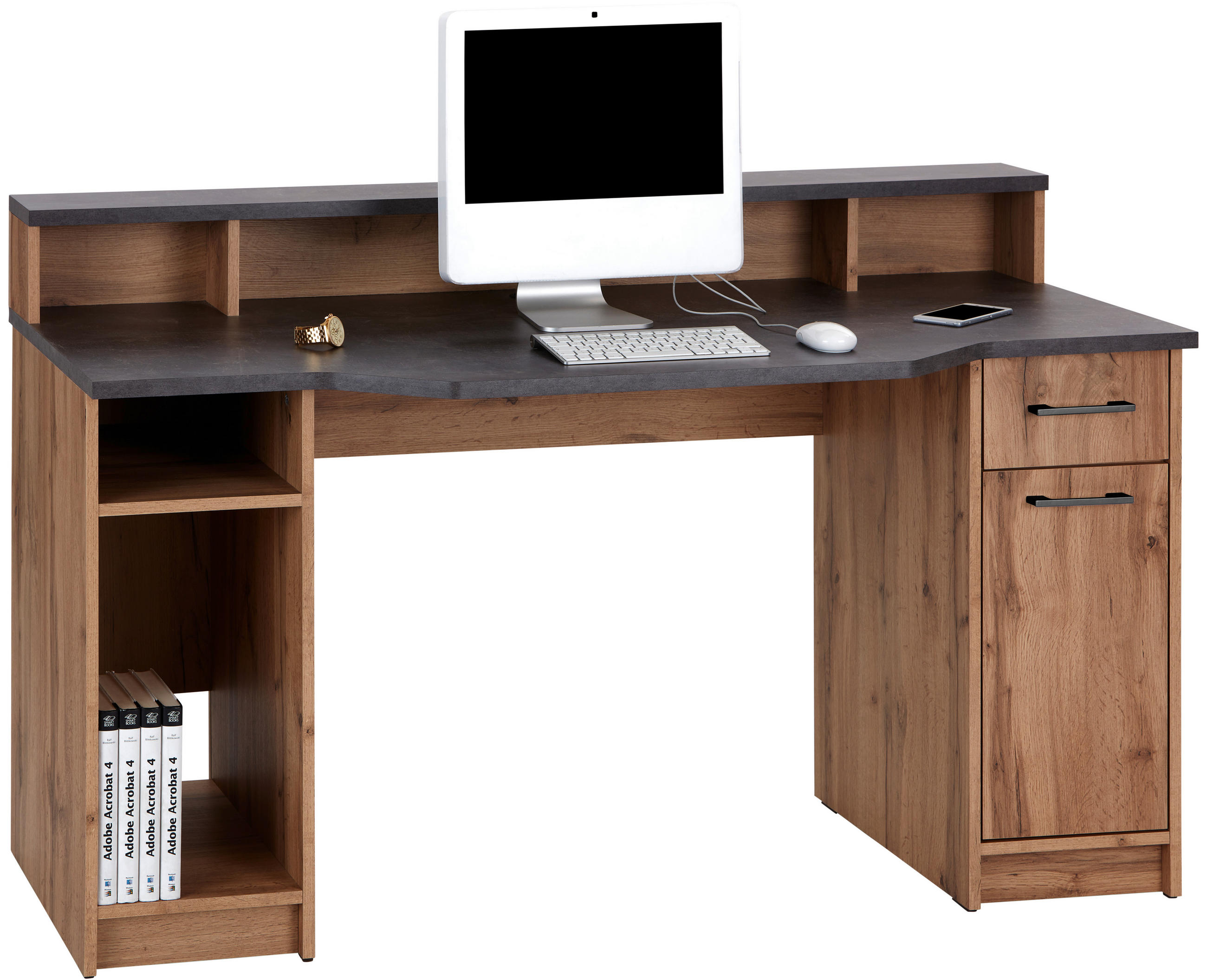 PISALNA MIZA leseni material siva, barve hrasta  - siva/črna, Moderno, umetna masa/leseni material (150/91/68cm) - Carryhome