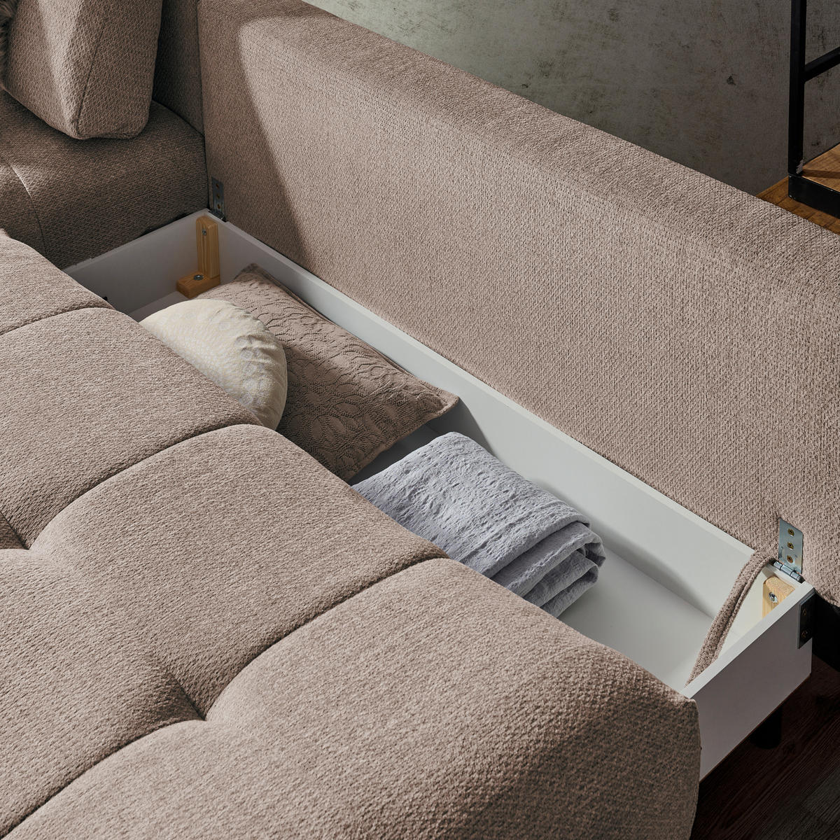 ECKSOFA in Chenille Hellbraun  - Hellbraun/Schwarz, Modern, Textil/Metall (182/290cm) - Hom`in