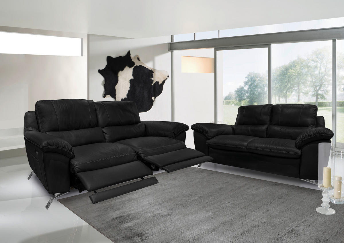 2,5-SITZER mit Relaxfunktion in Kombination Echtleder/Lederlook Schwarz  - Silberfarben/Schwarz, Design, Leder/Metall (216/97/95-151cm) - Livetastic