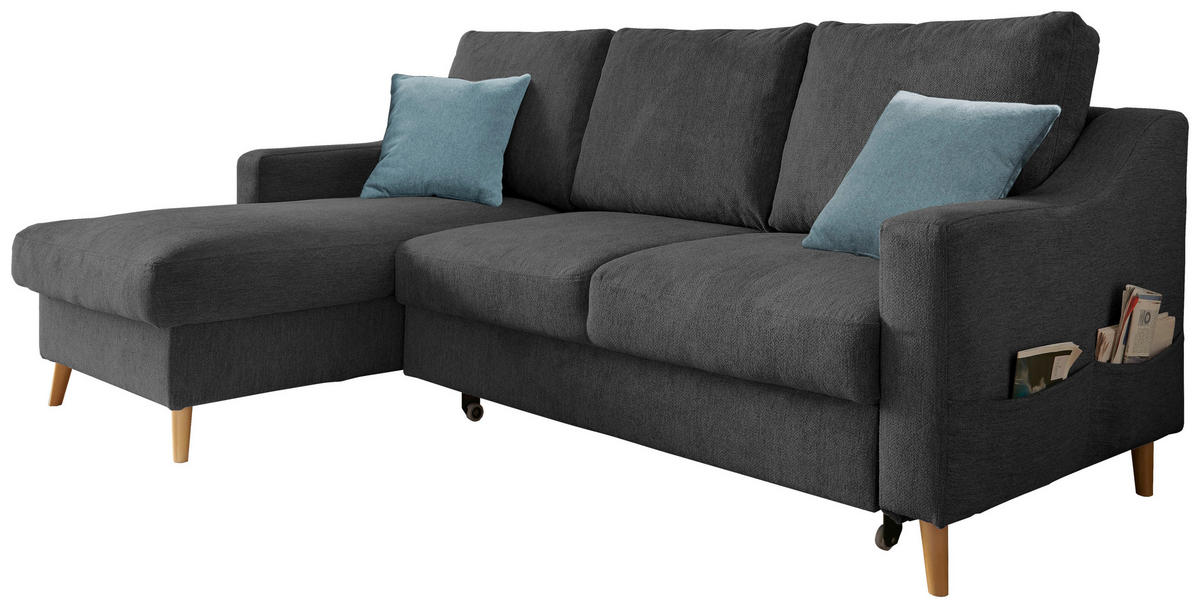ECKSOFA Mikrofaser Schwarz  - Blau/Schwarz, Design, Holz/Textil (150/228cm) - MID.YOU