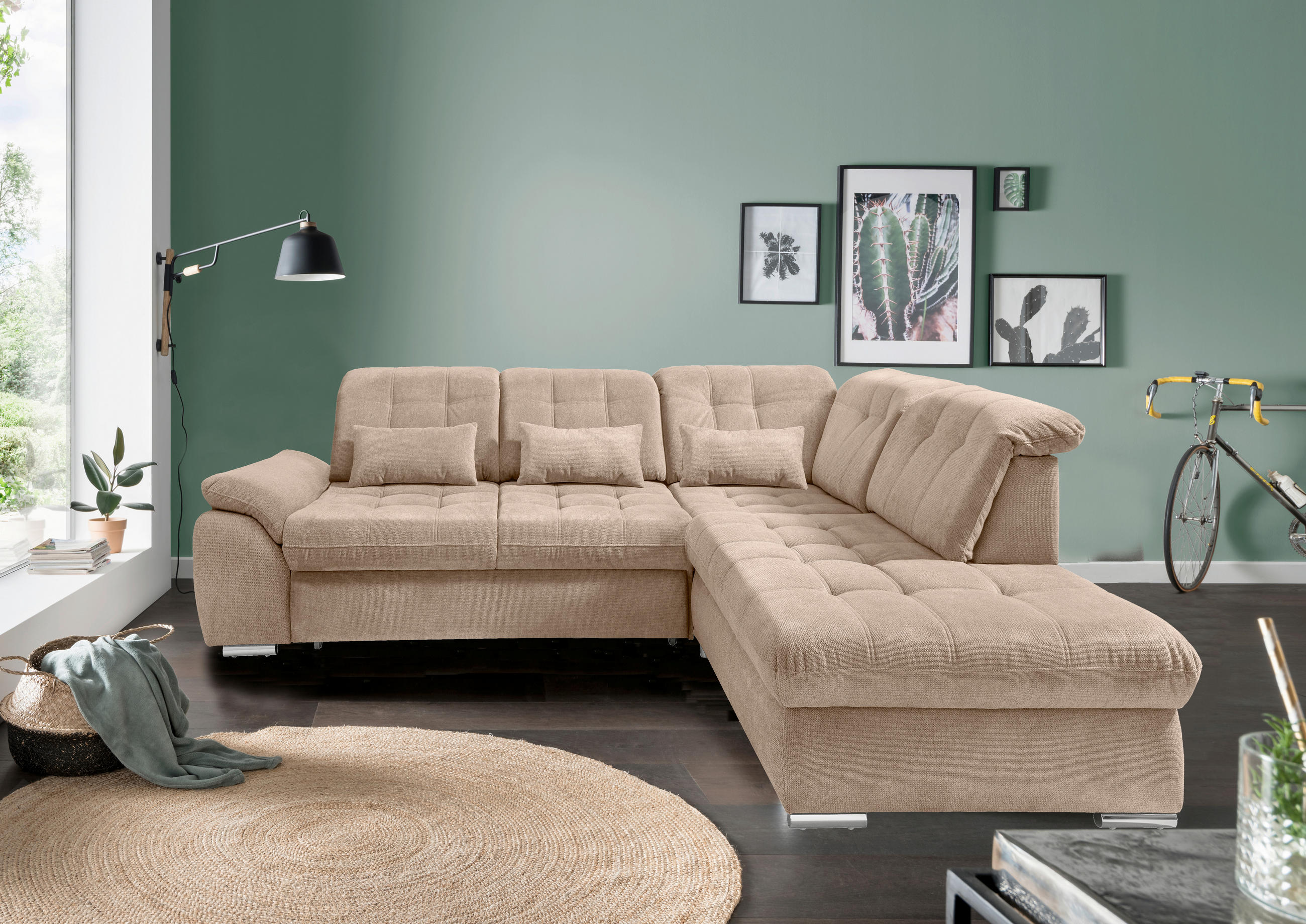 ECKSOFA RIGATTI Hellbraun Flachgewebe Kopfteilverstellung, Stauraum, Sitztiefenverstellung  - Chromfarben/Hellbraun, MODERN, Textil/Metall (308/254cm) - Livetastic