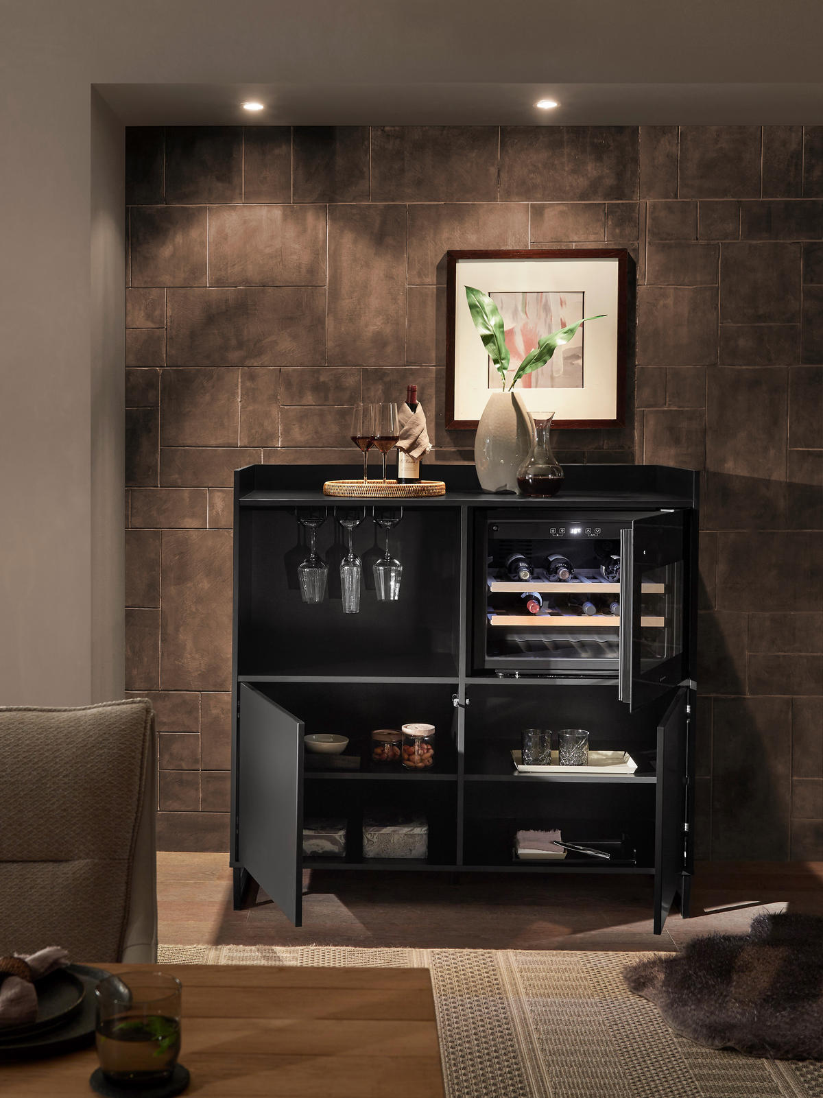 SIDEBOARD Mosel Weinschrank 125/120/58 cm  - Schwarz, KONVENTIONELL, Holzwerkstoff/Metall (125/120/58cm) - Carryhome