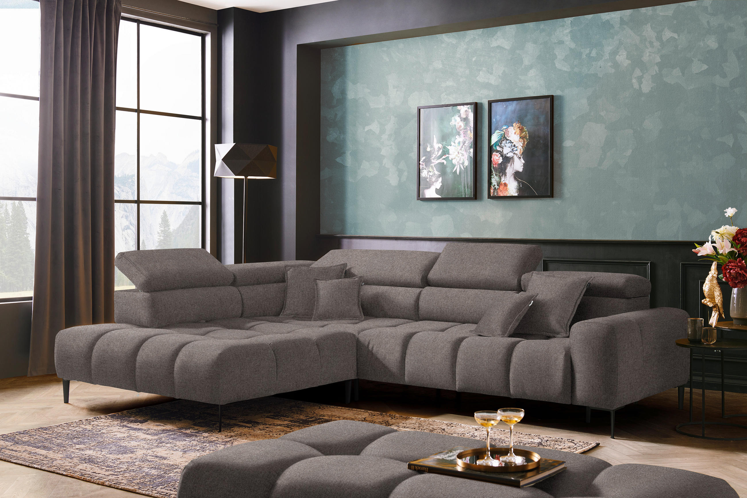 ECKSOFA Greige Webstoff  - Greige/Schwarz, Design, Textil/Metall (216/300cm) - Welnova