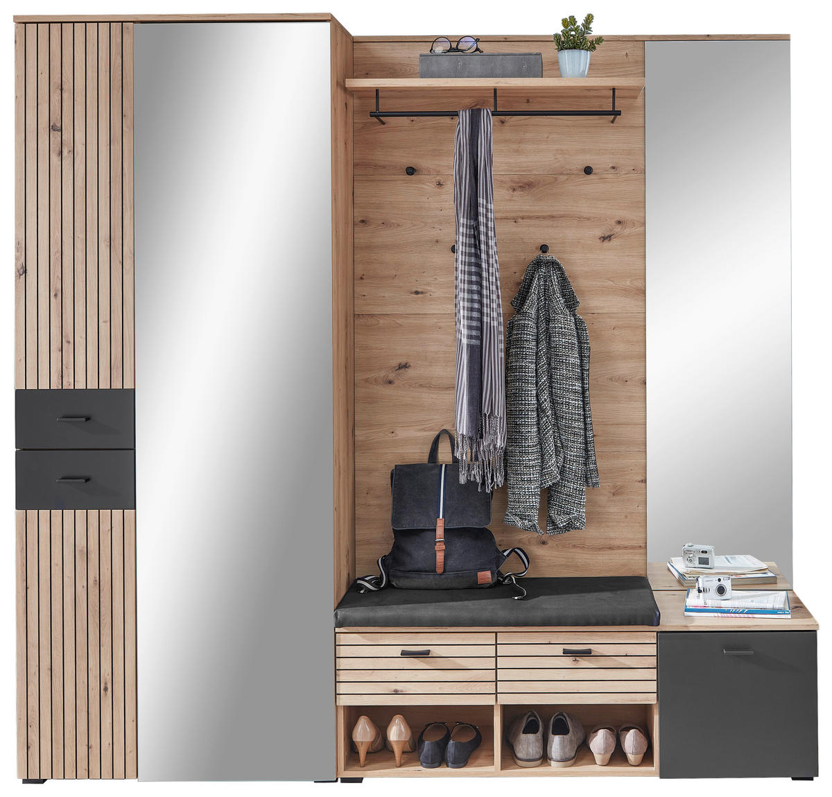 GARDEROBE 5-teilig  in 210/202/38 cm  - Schwarz/Eiche Artisan, Design, Holzwerkstoff/Textil (210/202/38cm) - Voleo