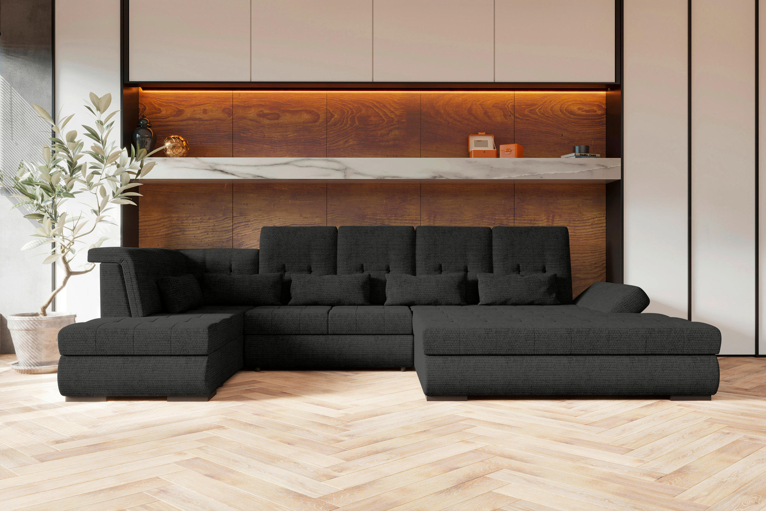 WOHNLANDSCHAFT Graphitfarben Struktur  - Schwarz/Graphitfarben, KONVENTIONELL, Kunststoff/Textil (222/358/212cm) - Carryhome