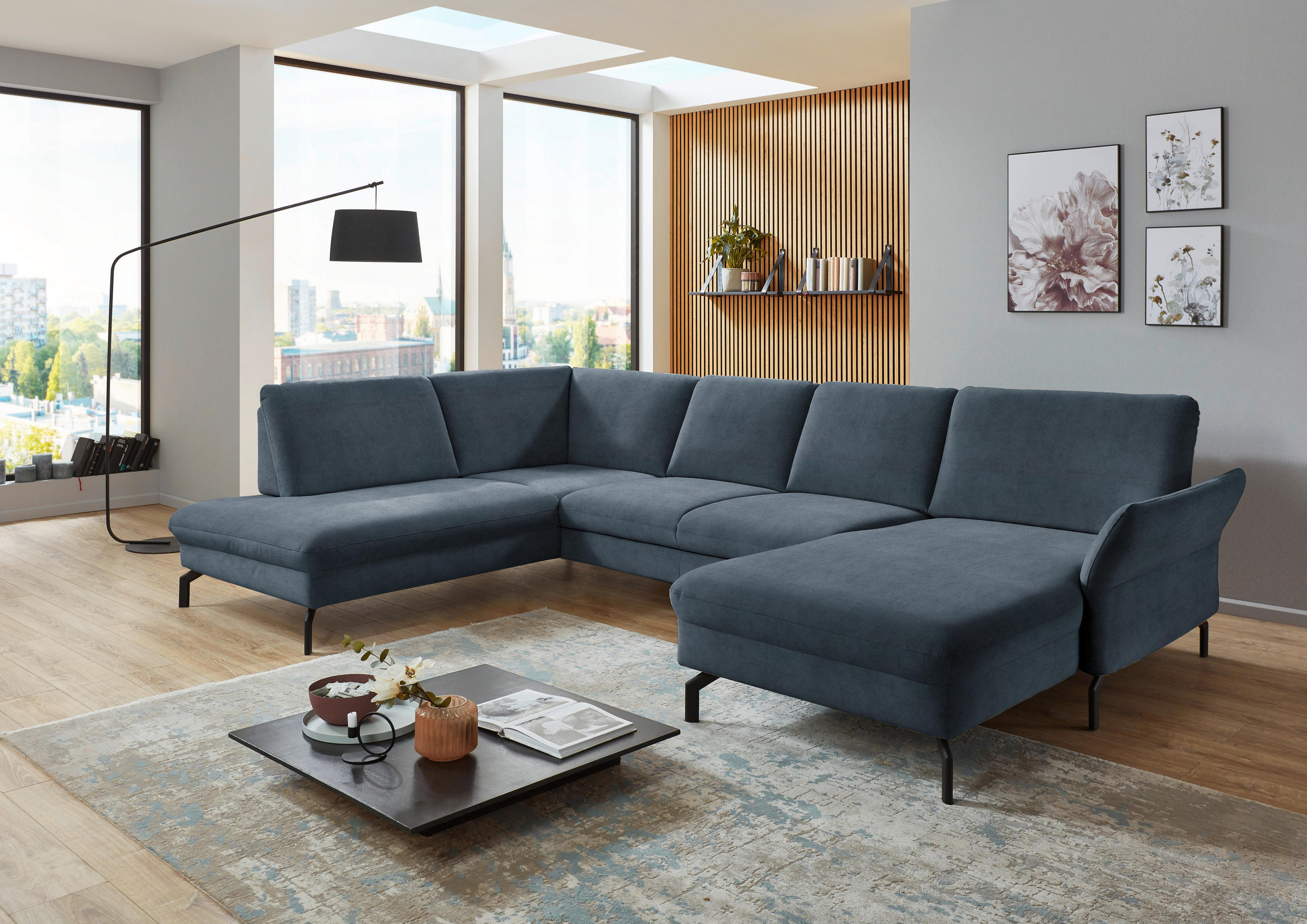 WOHNLANDSCHAFT in Velours Blaugrau  - Blaugrau/Schwarz, Design, Textil/Metall (220/335/179cm) - Beldomo System