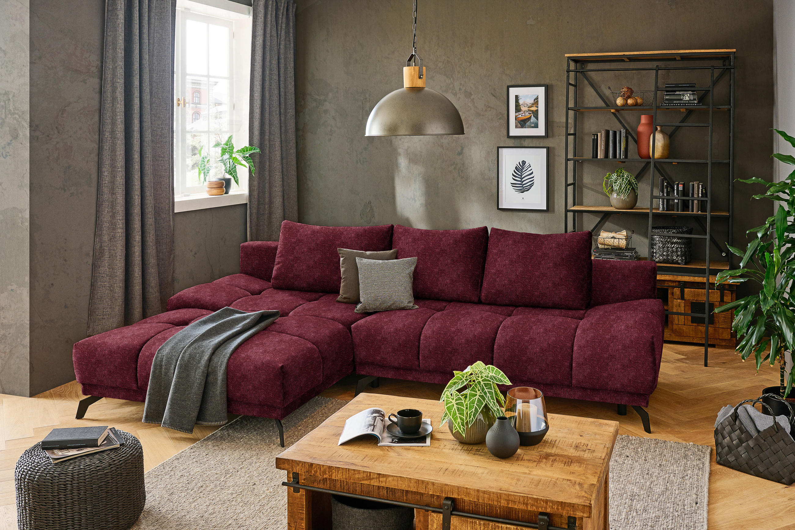 ECKSOFA Dunkelrot Chenille  - Schwarz/Dunkelrot, MODERN, Textil/Metall (182/290cm) - Hom`in