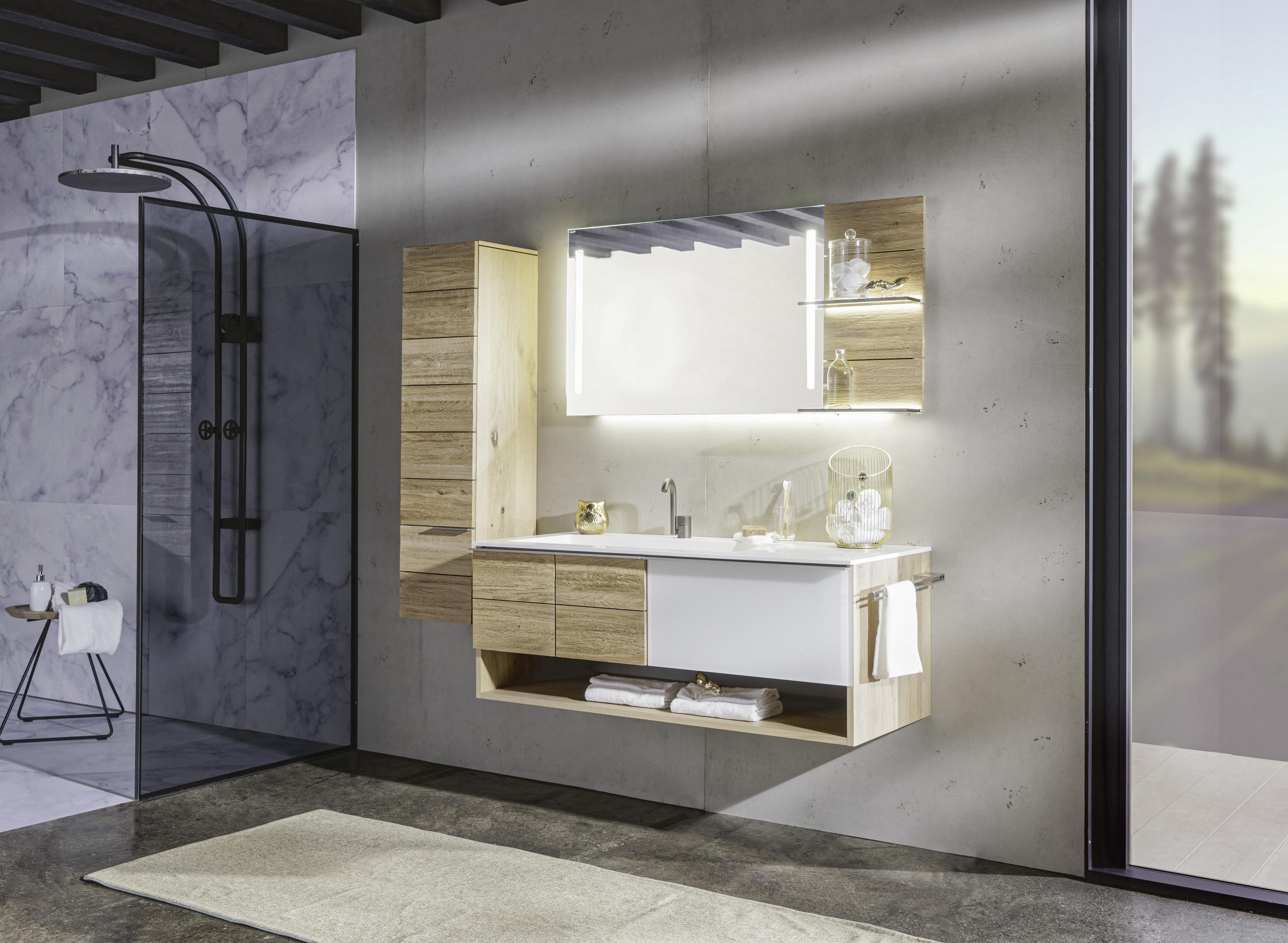 BADEZIMMER  in 128,4 cm  - Weiss/Eichefarben, Modern, Glas/Holz (128,4cm) - Voglauer