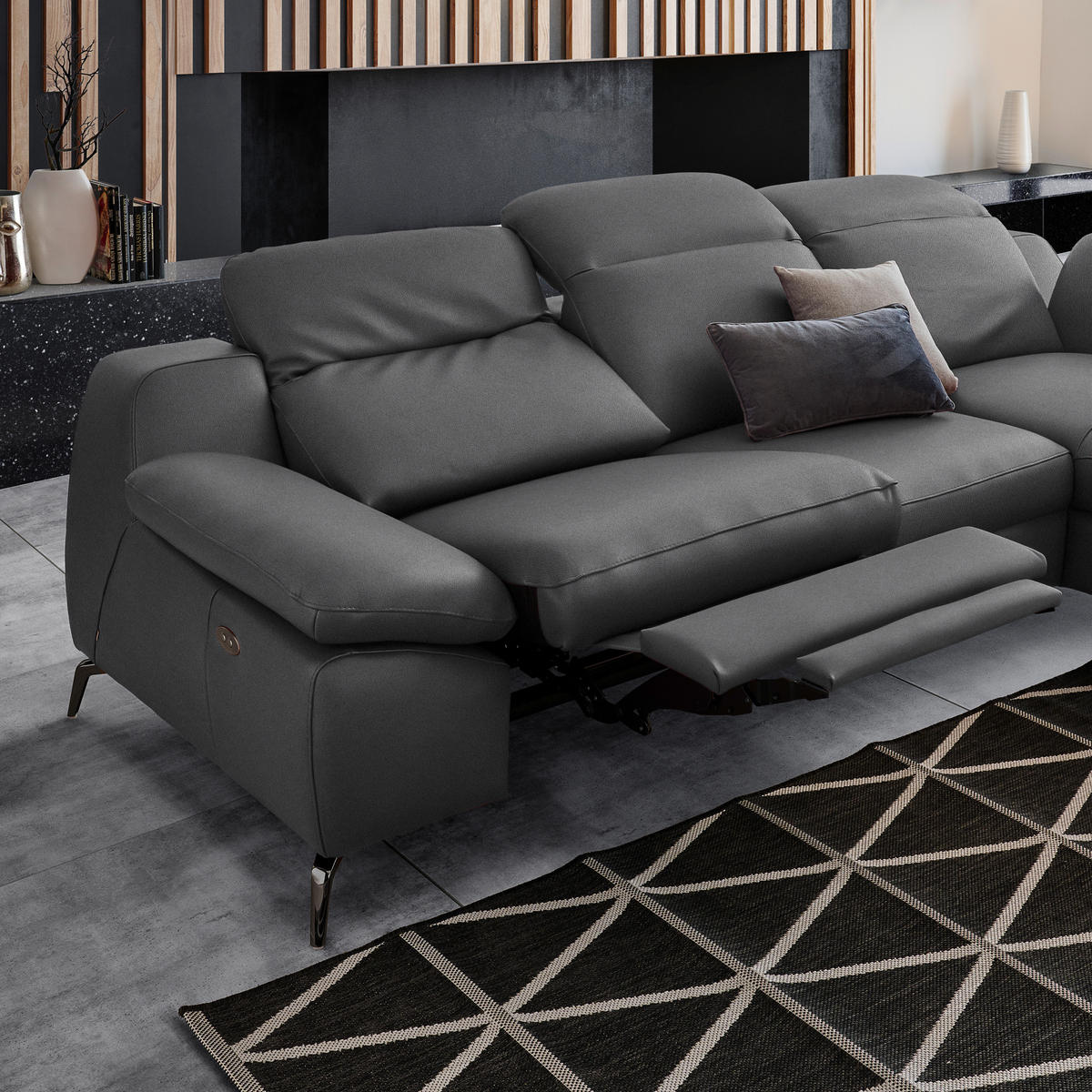 ECKSOFA in Echtleder Anthrazit  286/183 cm  - Anthrazit/Schwarz, Design, Leder/Metall (286/183cm) - Celina Home