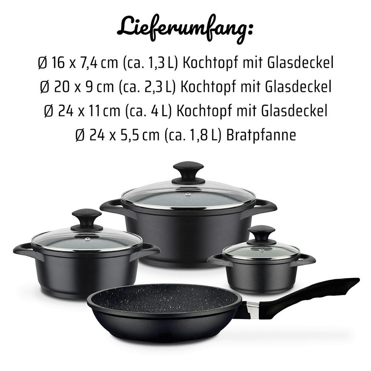 KOCHTOPFSET GOURMET GRANIT 4-teilig  - Schwarz, Basics, Metall - GSW