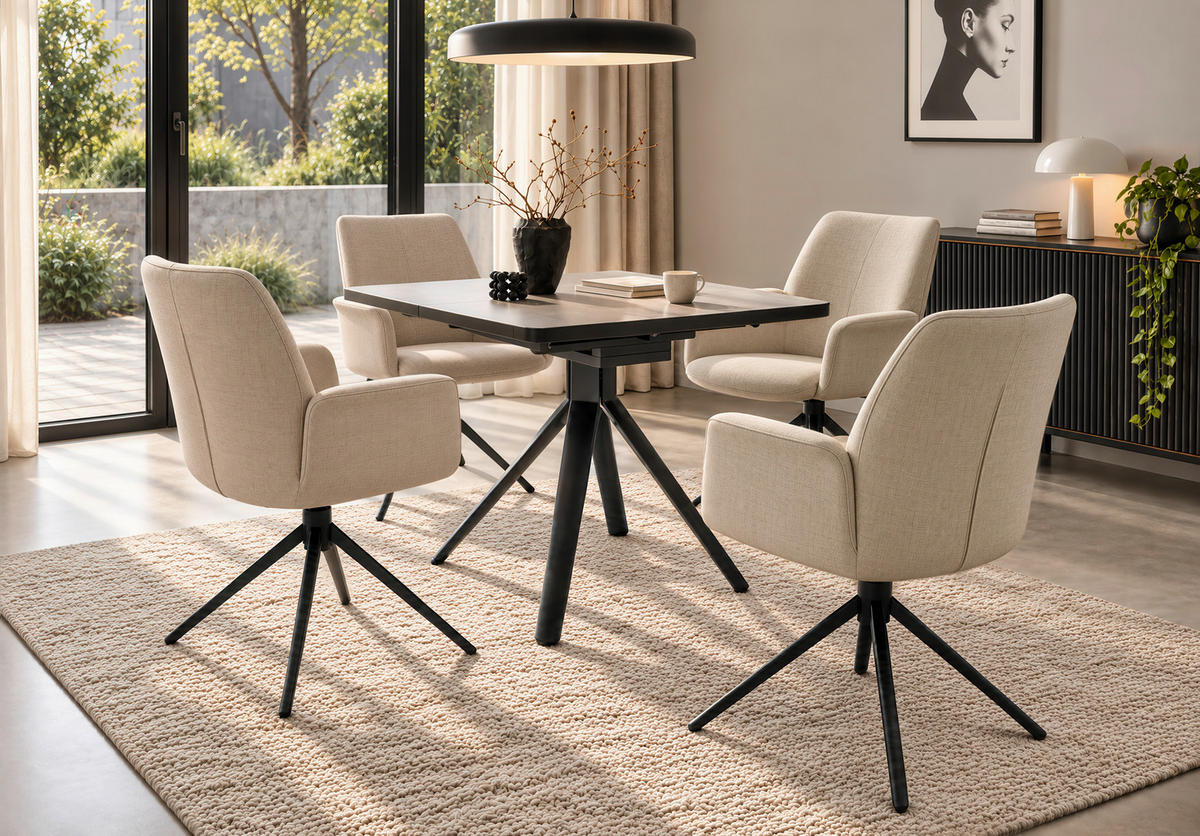 ESSTISCH 90-130/90/76 cm Nachbildung  Keramik, Holzwerkstoff ausziehbar quadratisch Grau, Schwarz  - Schwarz/Grau, Design, Keramik/Holzwerkstoff (90-130/90/76cm) - Novel