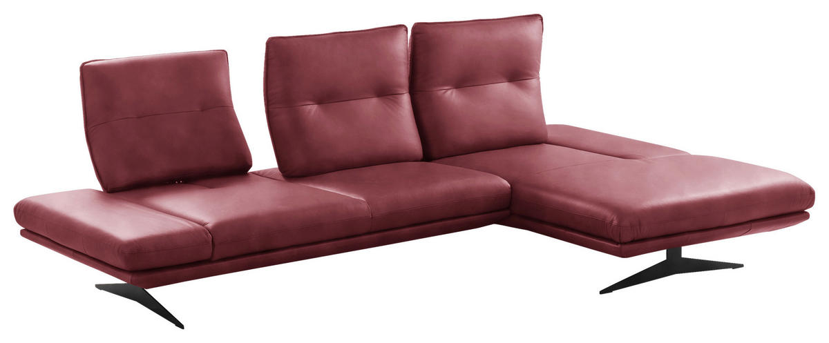 ECKSOFA Kirschrot Echtleder Armteilverstellung, Kopfteilverstellung, Sitztiefenverstellung  - Schwarz/Kirschrot, Design, Leder/Metall (291/180cm) - Celina Home