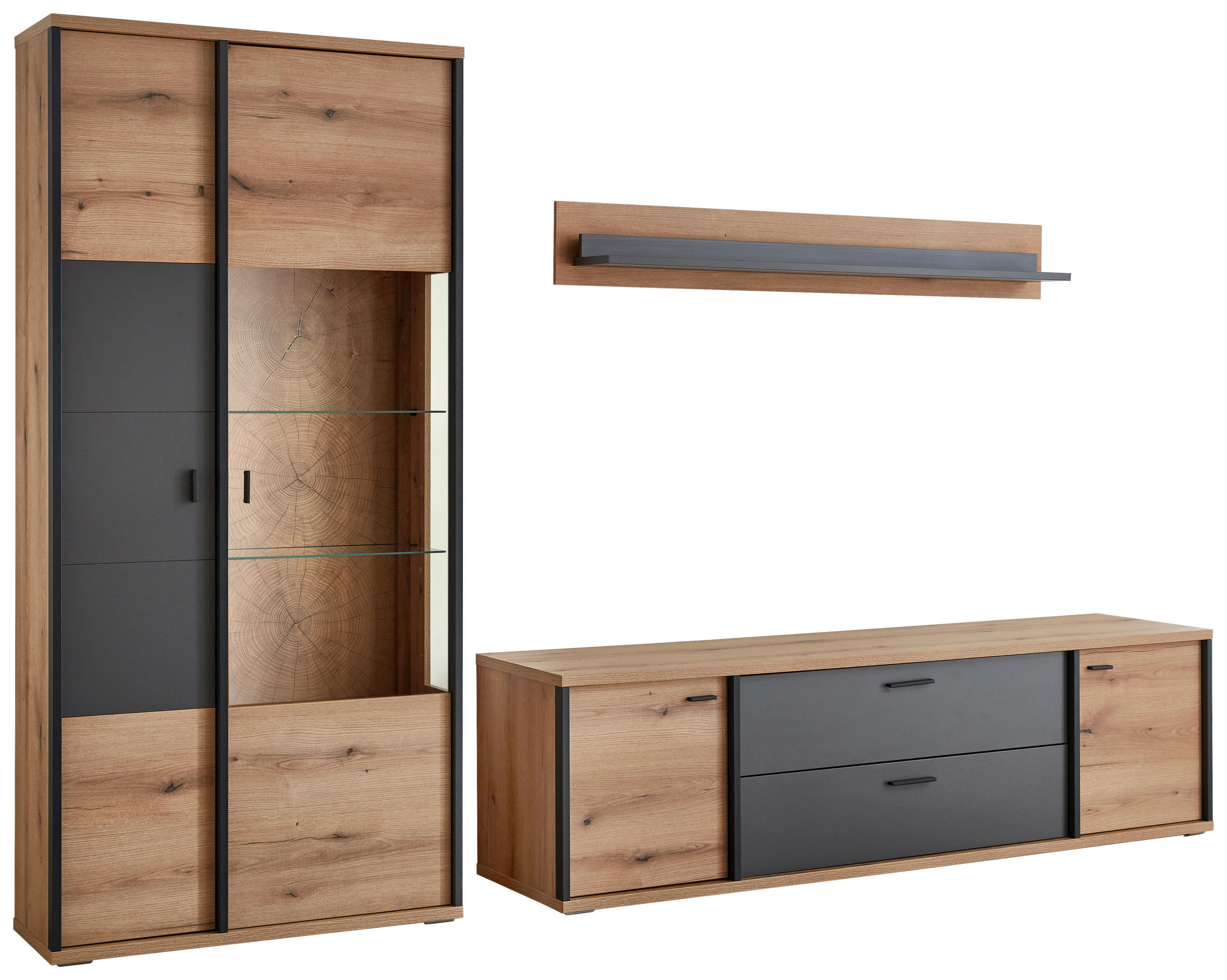 WOHNWAND  in Schwarz, Eichefarben, Dunkelgrau 312,4/208,8/50 cm  - Eichefarben/Dunkelgrau, Konventionell, Glas/Holzwerkstoff (312,4/208,8/50cm) - Xora