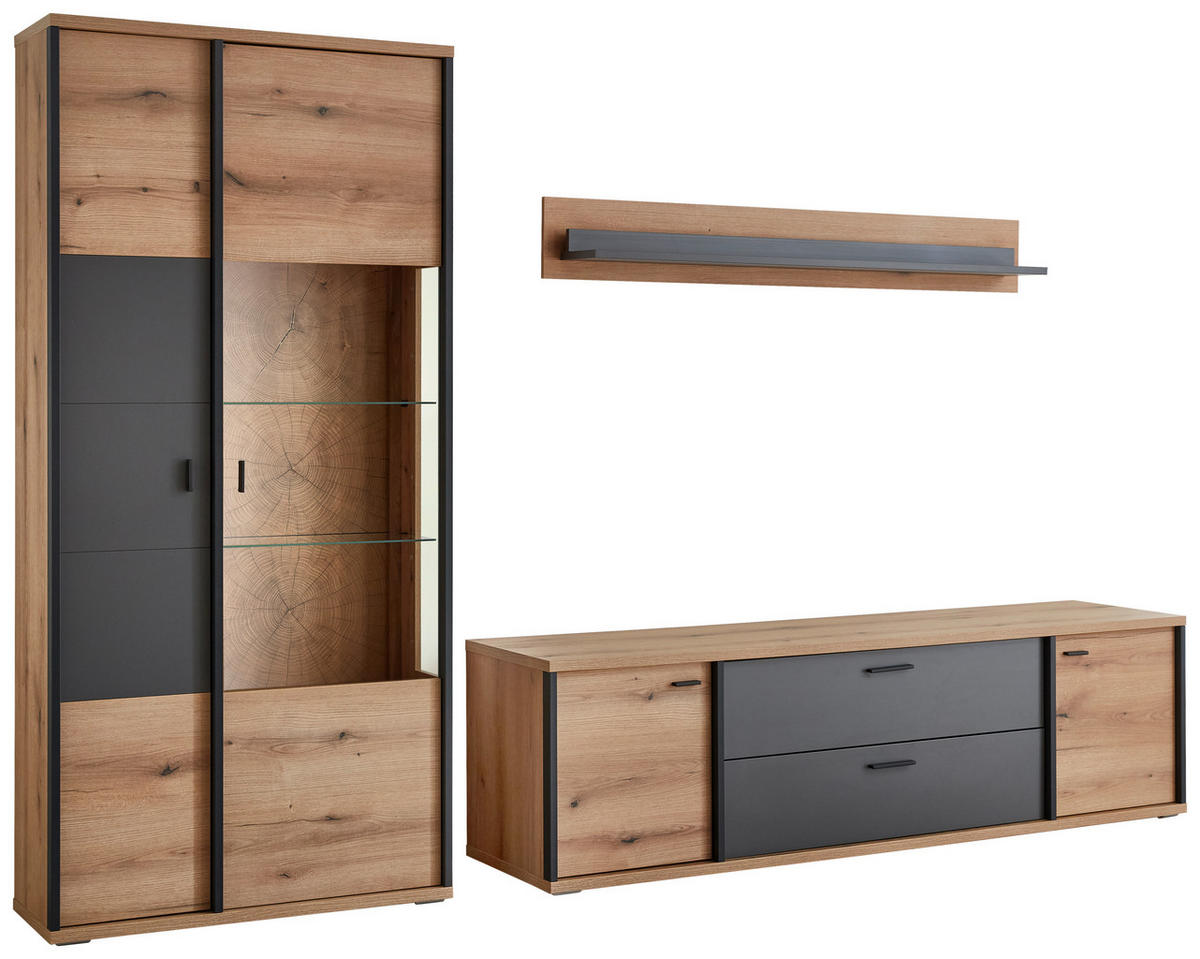 WOHNWAND  in Schwarz, Eichefarben, Dunkelgrau  312,4/208,8/50 cm  - Eichefarben/Dunkelgrau, KONVENTIONELL, Glas/Holzwerkstoff (312,4/208,8/50cm) - Xora