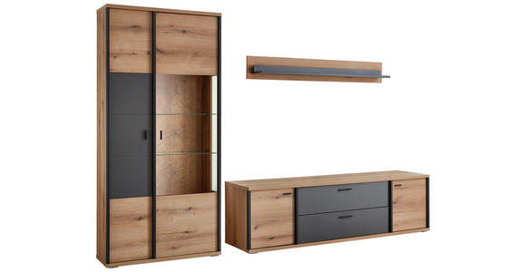 WOHNWAND  in Schwarz, Eichefarben, Dunkelgrau  312,4/208,8/50 cm  - Eichefarben/Dunkelgrau, KONVENTIONELL, Glas/Holzwerkstoff (312,4/208,8/50cm) - Xora