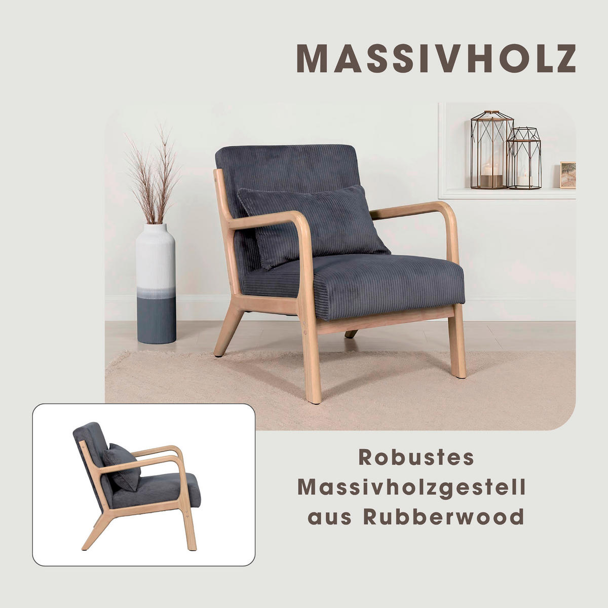 SESSEL in Cord Grau  - Braun/Grau, Basics, Holz/Textil (65/81/76cm) - MID.YOU