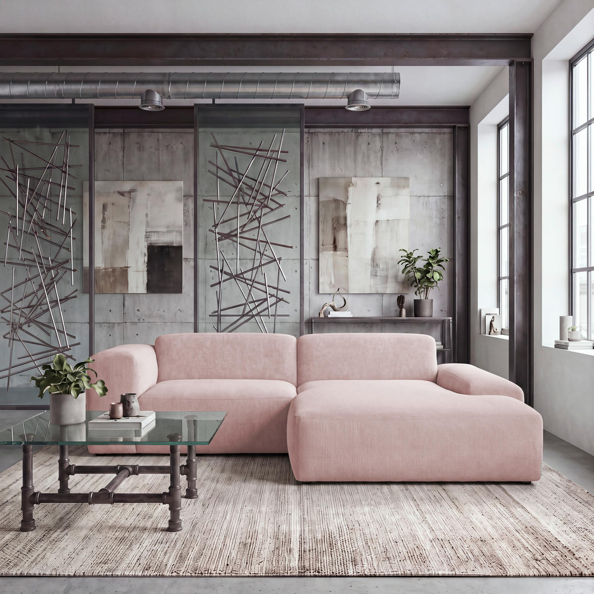 ECKSOFA HANNAH Rosa Cord  - Schwarz/Rosa, Design, Kunststoff/Textil (252/170cm) - MID.YOU