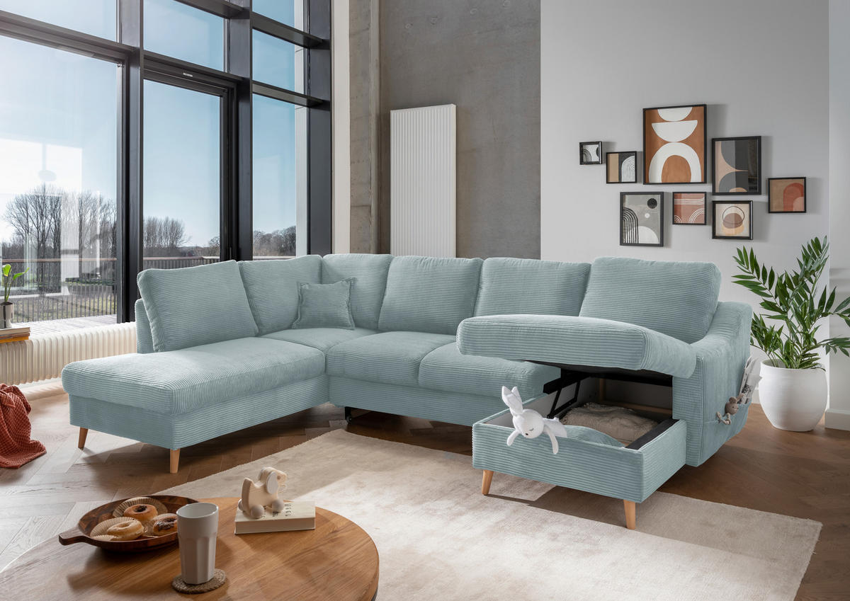 WOHNLANDSCHAFT in Cord Hellblau  - Naturfarben/Hellblau, Konventionell, Holz/Textil (200/301/150cm) - P & B