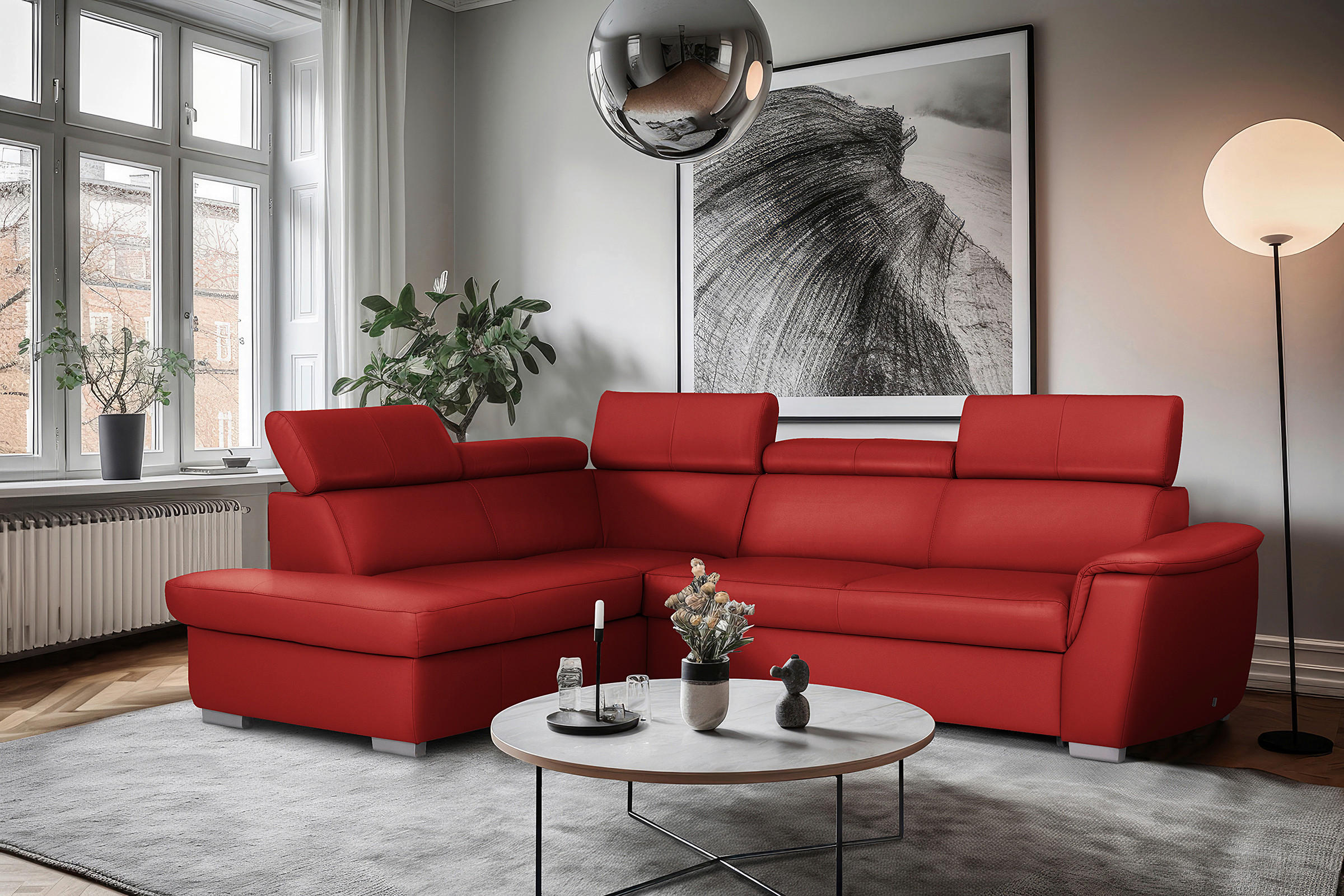 WOHNLANDSCHAFT Rot Kombination Echtleder/Lederlook Bettkasten, Schlaffunktion, Rücken echt, Armteilverstellung, Kopfteilverstellung  - Rot, Leder/Metall (211/262cm) - Celina Home