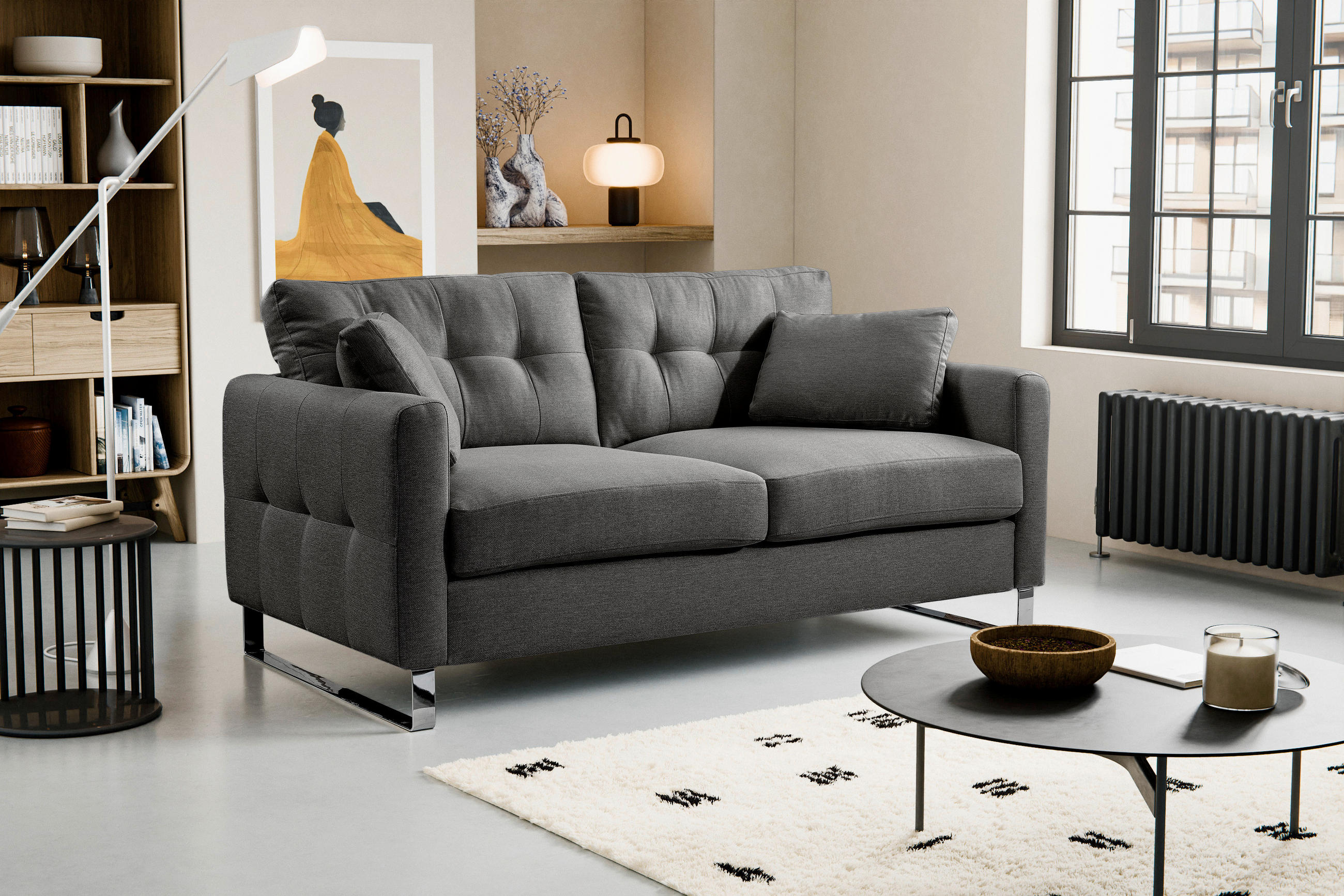 2-SITZER-SOFA HERA Flachgewebe Grau  - Chromfarben/Grau, Basics, Textil/Metall (172/92/94cm) - MID.YOU