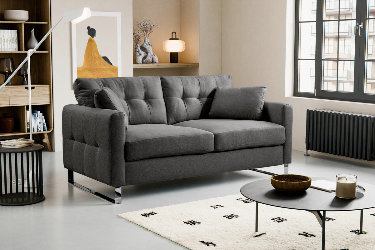 2-SITZER-SOFA HERA Flachgewebe Grau  - Chromfarben/Grau, Basics, Textil/Metall (172/92/94cm) - MID.YOU