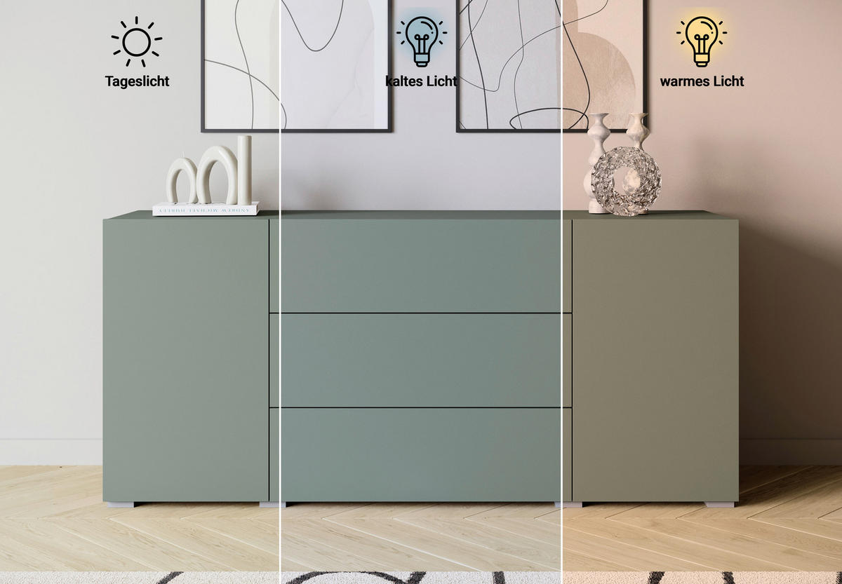 SIDEBOARD Berlin 150/68/38,5 cm 3 låda(or)  - grå/salviagrön, Design, trämaterial/plast (150/68/38,5cm) - P & B
