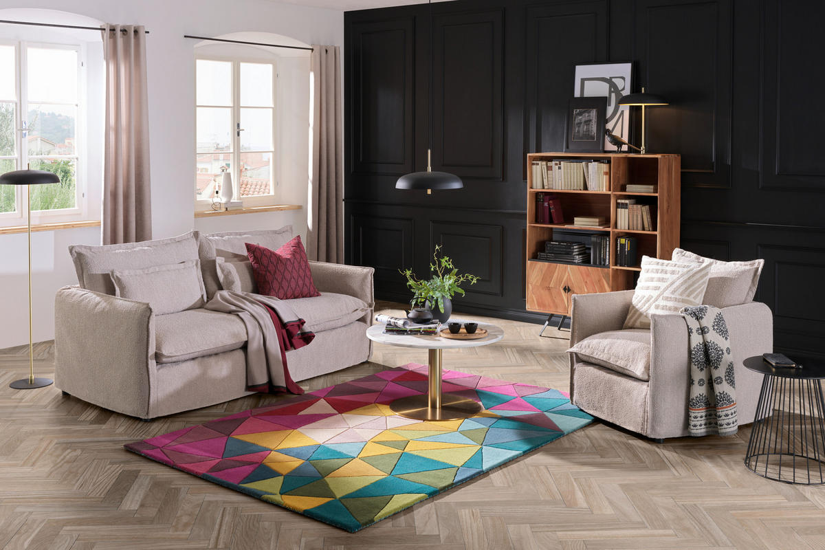 HUSSEN-SOFA Flachgewebe, Bouclé Beige  - Beige/Schwarz, Trend, Textil/Metall (195/82/98cm) - Livetastic
