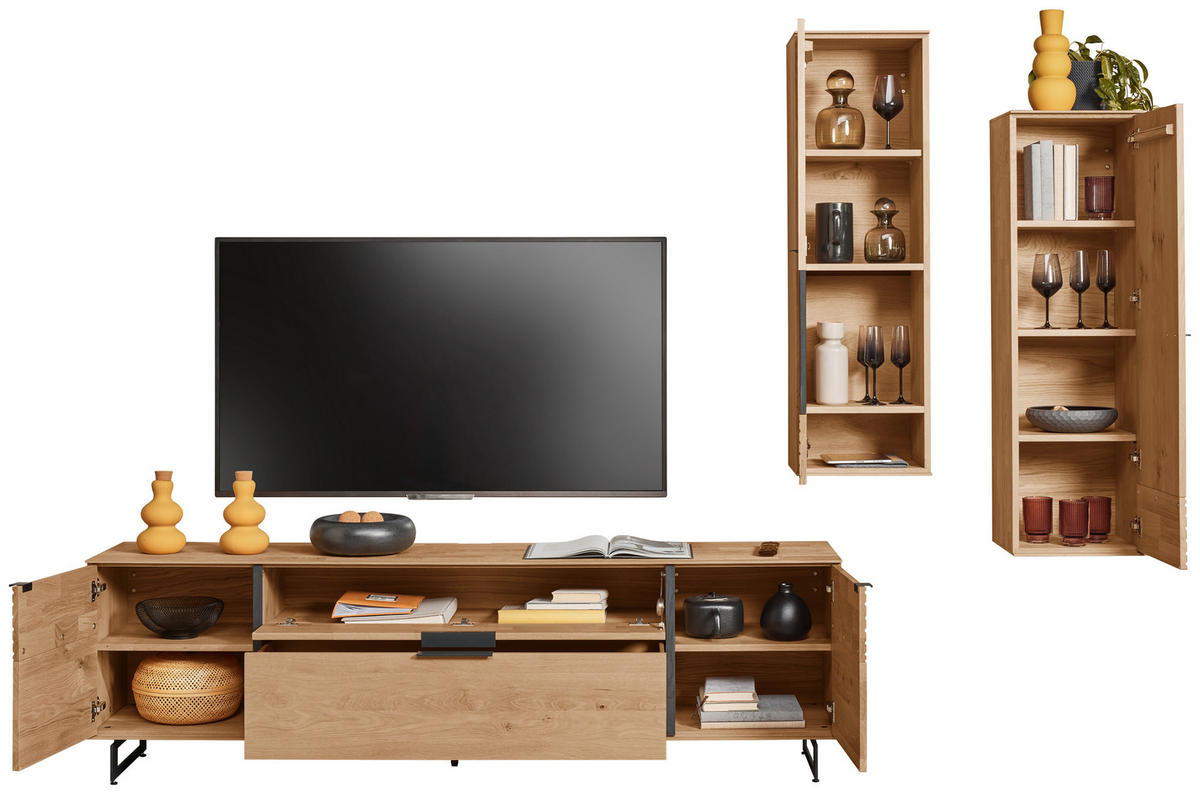 WOHNWAND  in Eichefarben  288/212/44 cm  - Eichefarben/Anthrazit, Natur, Glas/Holz (288/212/44cm) - Valnatura