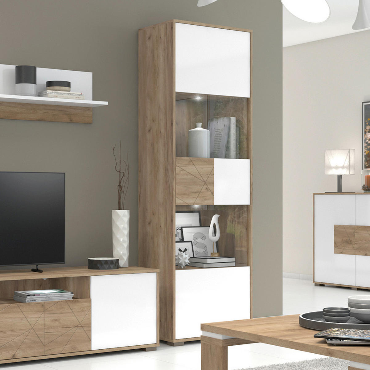 VITRINA boja hrasta, bela visoki sjaj   - siva/boja hrasta, Dizajnerski, staklo/pločasti materijal (62/194/41cm) - Hom`in