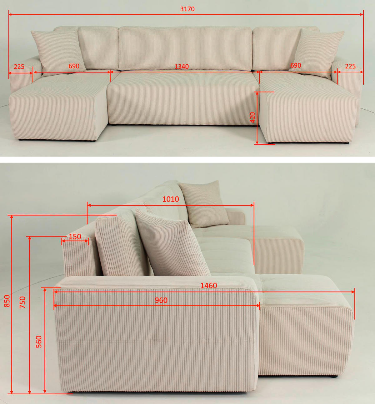 Wohnlandschaft inkl. Funktion Dunkelgrau Cord  - Dunkelgrau/Schwarz, KONVENTIONELL, Textil (146/317/146cm) - Xora