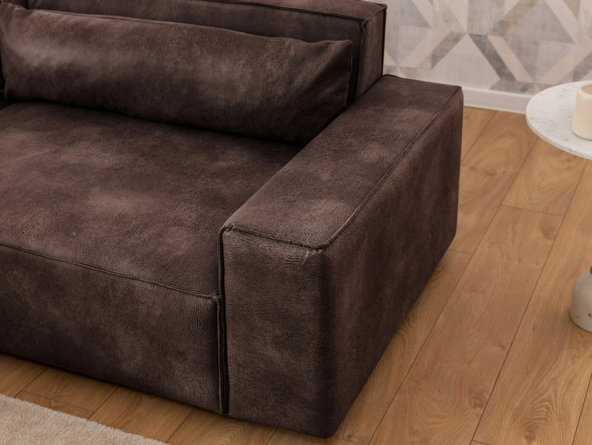 ECKSOFA Curduroy in Lederlook Dunkelbraun Rückenkissen  251/142 cm  - Dunkelbraun/Schwarz, Design, Kunststoff/Textil (251/142cm) - P & B