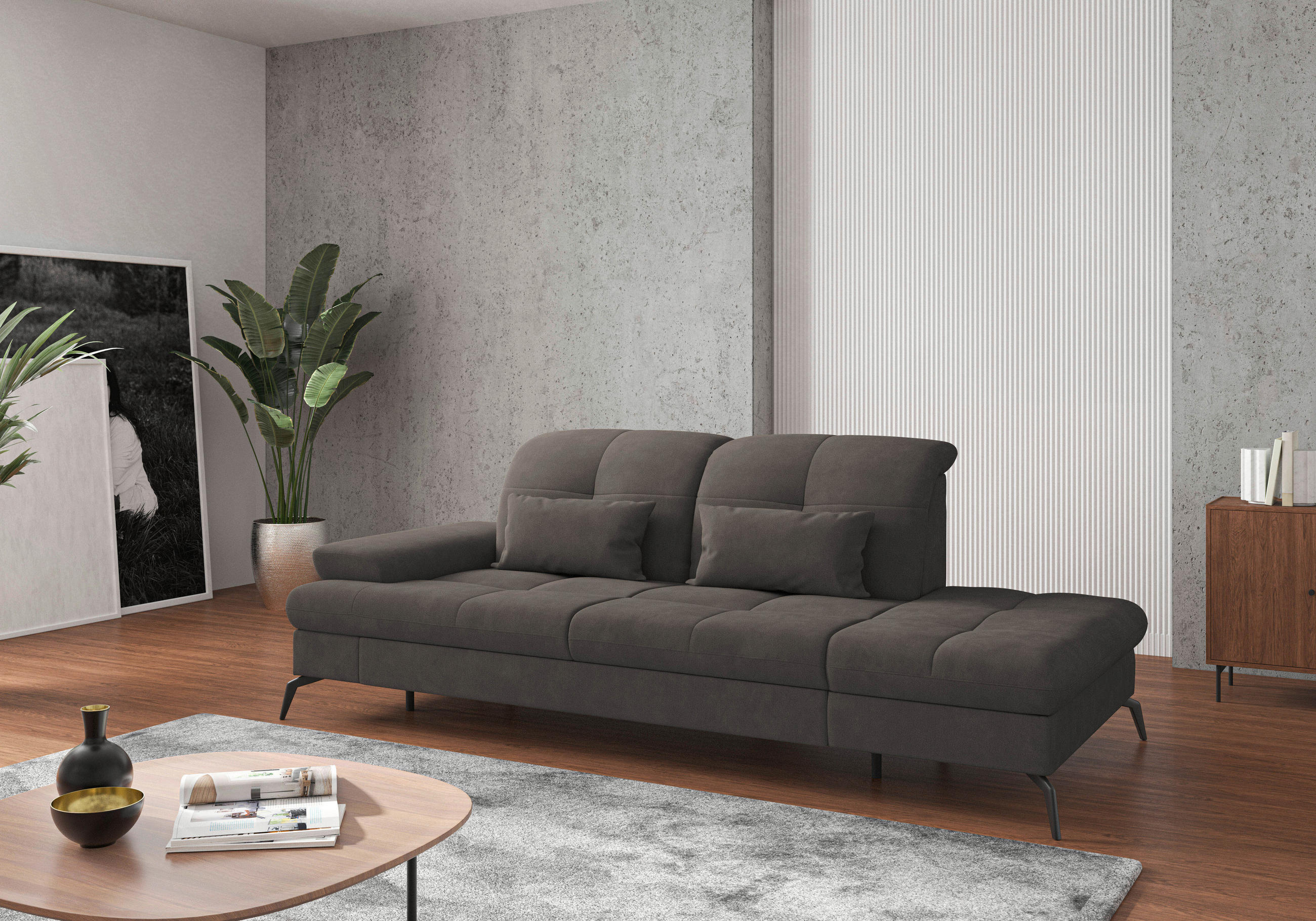 RÉCAMIERE Graphitfarben Flachgewebe  - Schwarz/Graphitfarben, KONVENTIONELL, Textil/Metall (231/90/122cm) - Sit & More