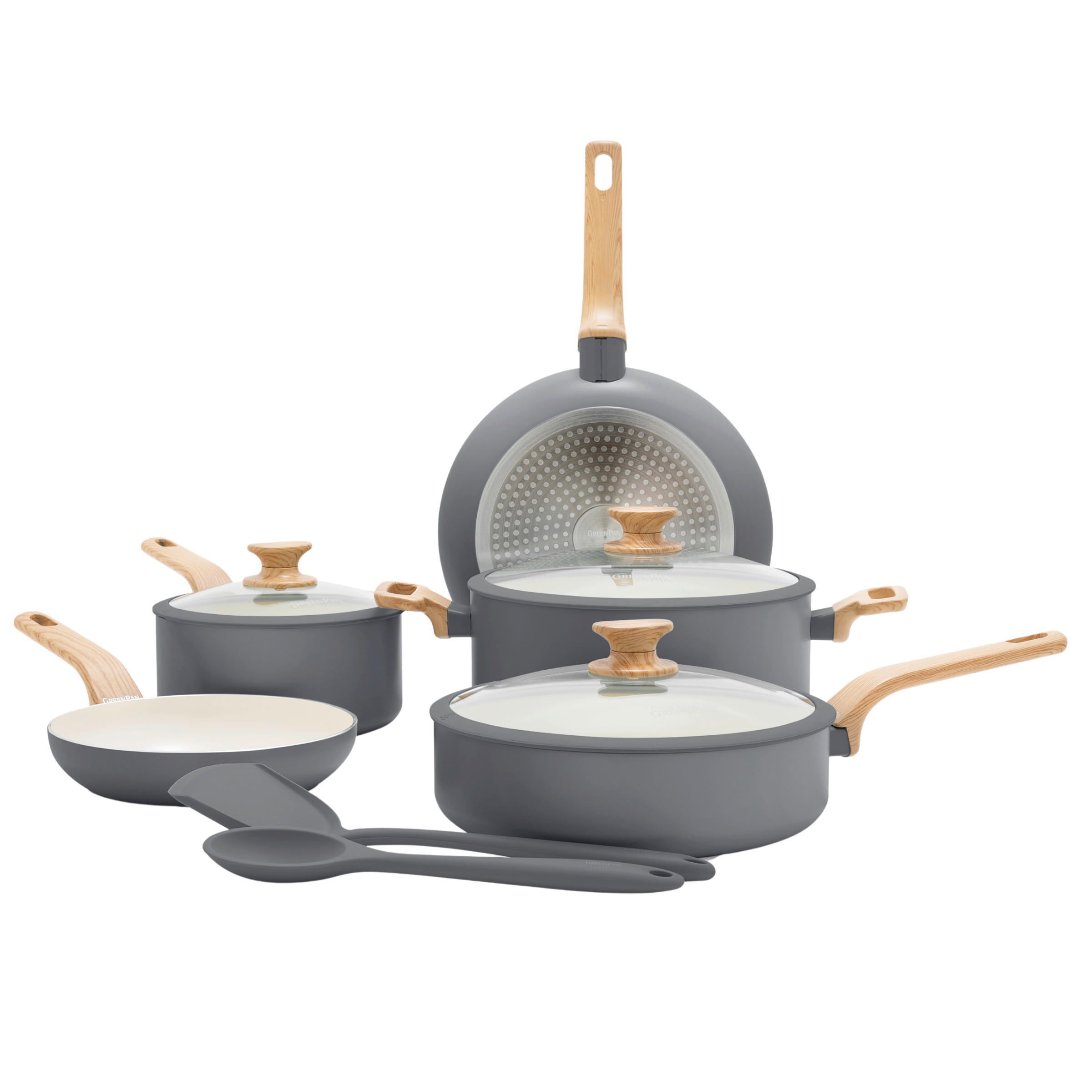 KOCHTOPFSET Essence 5-teilig  - Dunkelgrau/Tannenholzfarben, Basics, Glas/Kunststoff - GreenPan