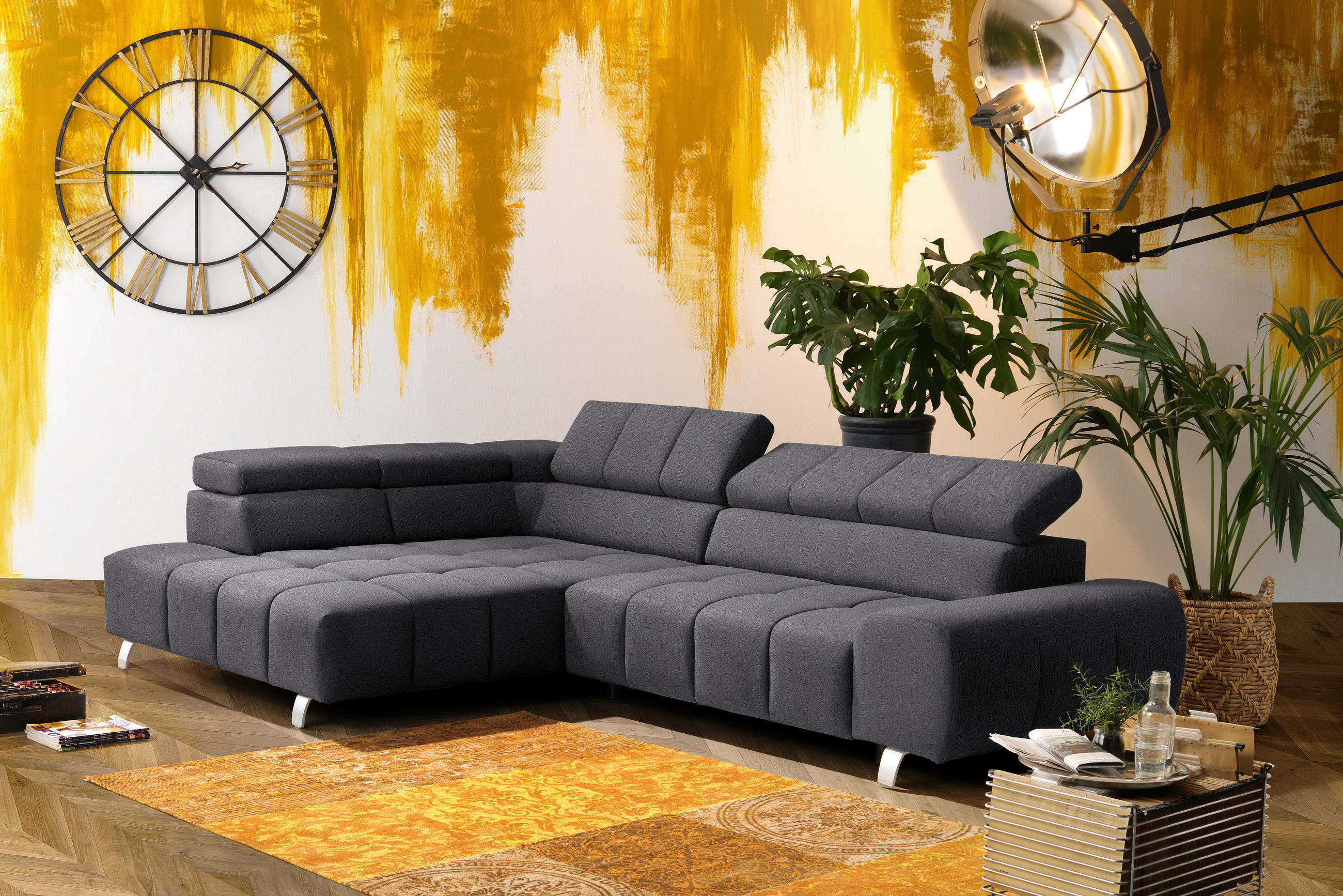ECKSOFA Dunkelgrau Velours  - Dunkelgrau/Silberfarben, Design, Textil/Metall (201/295cm) - Hom`in