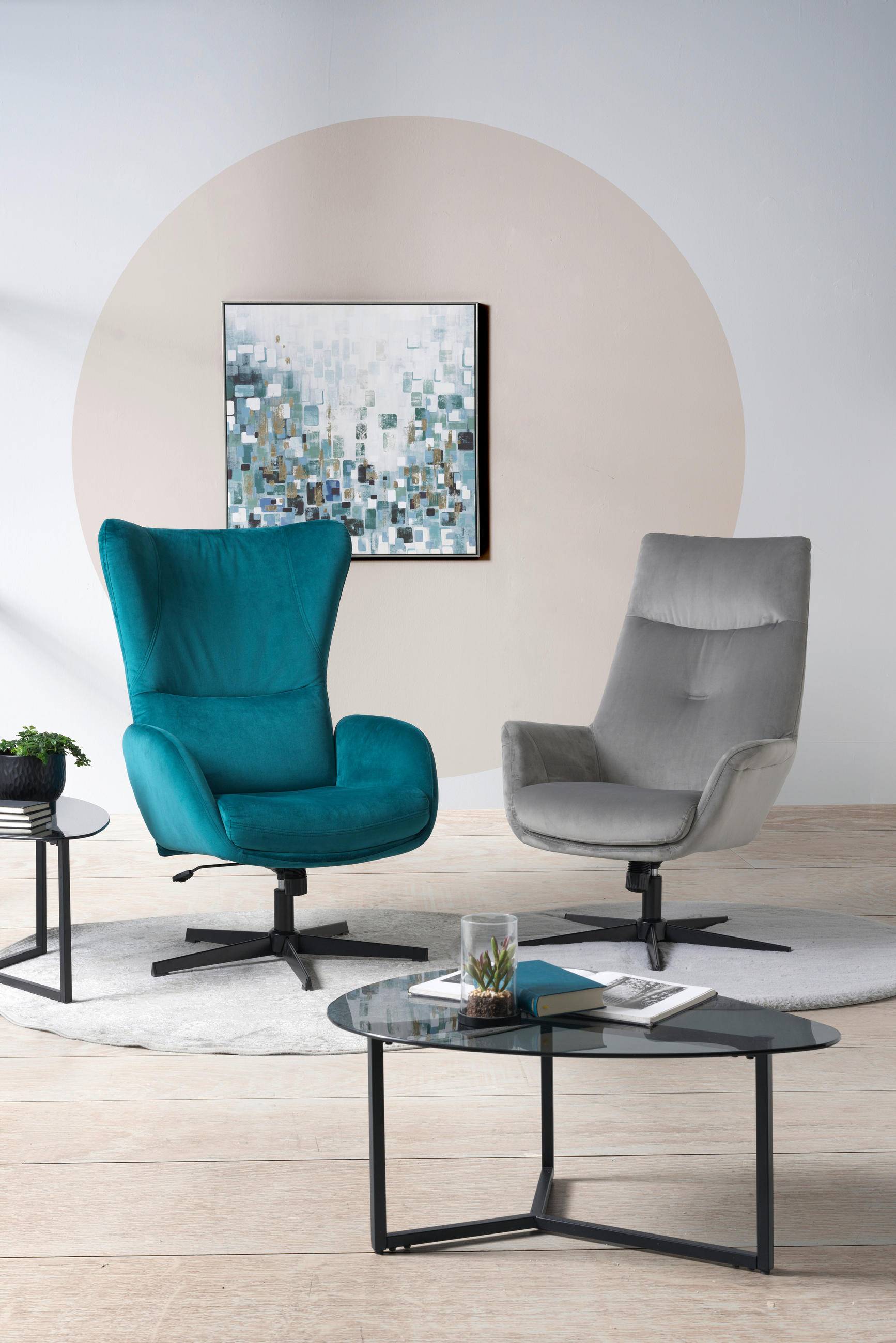 RELAXSESSELSET Samt    - Petrol/Schwarz, Design, Textil/Metall (70/109/86cm) - Hom`in
