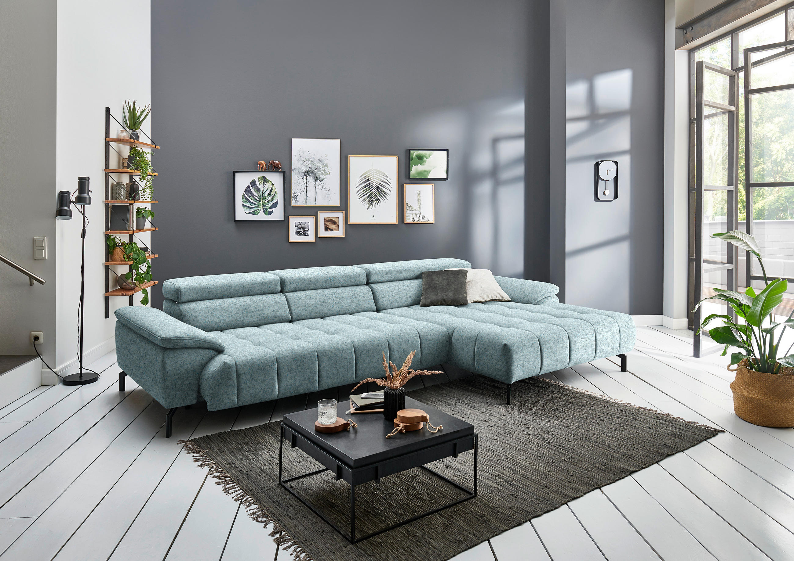 ECKSOFA in Chenille Hellblau  - Schwarz/Hellblau, Design, Textil/Metall (329/190cm) - Beldomo Style