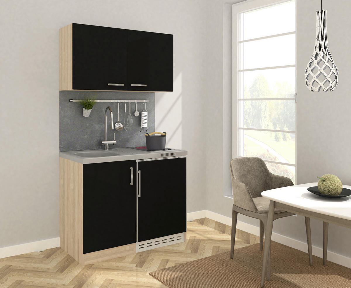 MINIKÖK 100 cm   i svart, Sonoma ek  - stålfärgad/Sonoma ek, Modern, metall/trämaterial (100cm) - Respekta