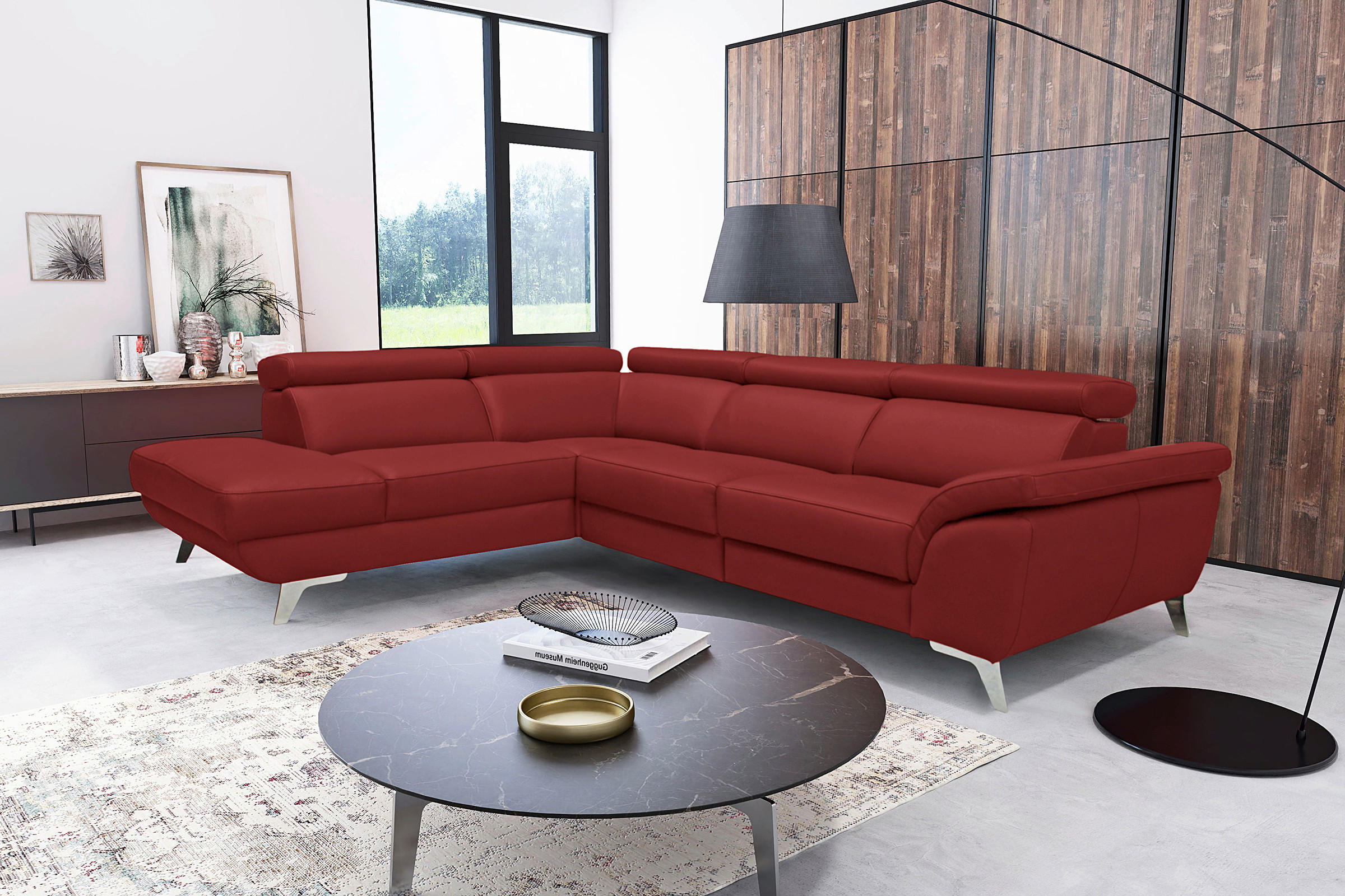 ECKSOFA  in Echtleder Rot  228/283 cm  - Silberfarben/Rot, Design, Leder/Metall (228/283cm) - Livetastic