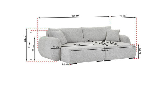 BIGSOFA Flachgewebe Grau  - Schwarz/Grau, KONVENTIONELL, Kunststoff/Textil (250/72/145cm) - Carryhome