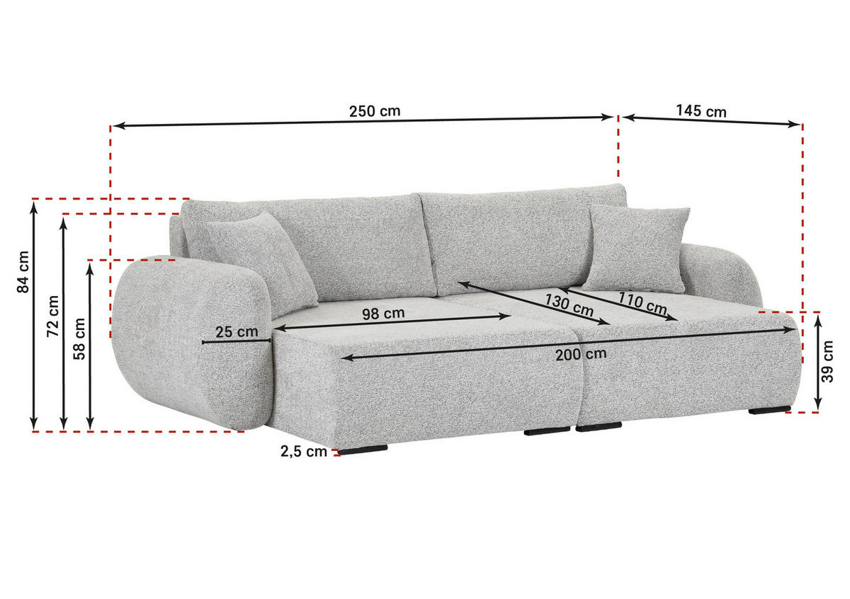 BIGSOFA Flachgewebe Grau  - Schwarz/Grau, KONVENTIONELL, Kunststoff/Textil (250/72/145cm) - Carryhome
