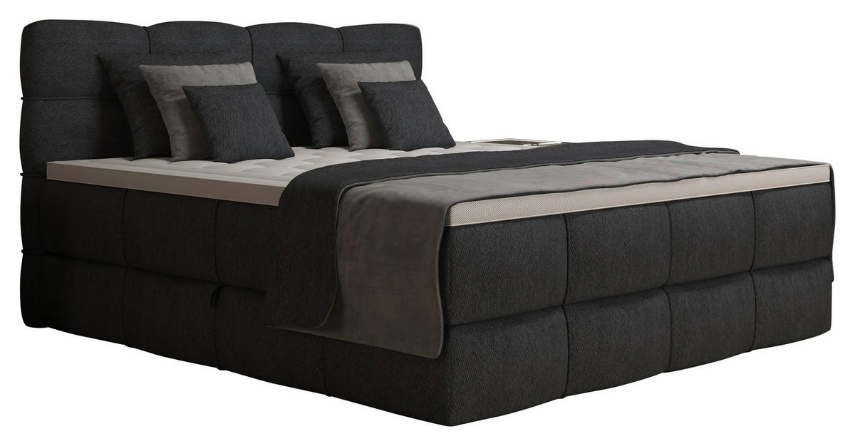 BOXSPRINGBETT 180/200 cm,  in Dunkelgrau, gepolstertes Kopfteil, Bettkasten, Topper, Matratzen, H3 + H3 = fest  - Dunkelgrau/Schwarz, Design, Kunststoff/Textil (180/200cm) - Chameo