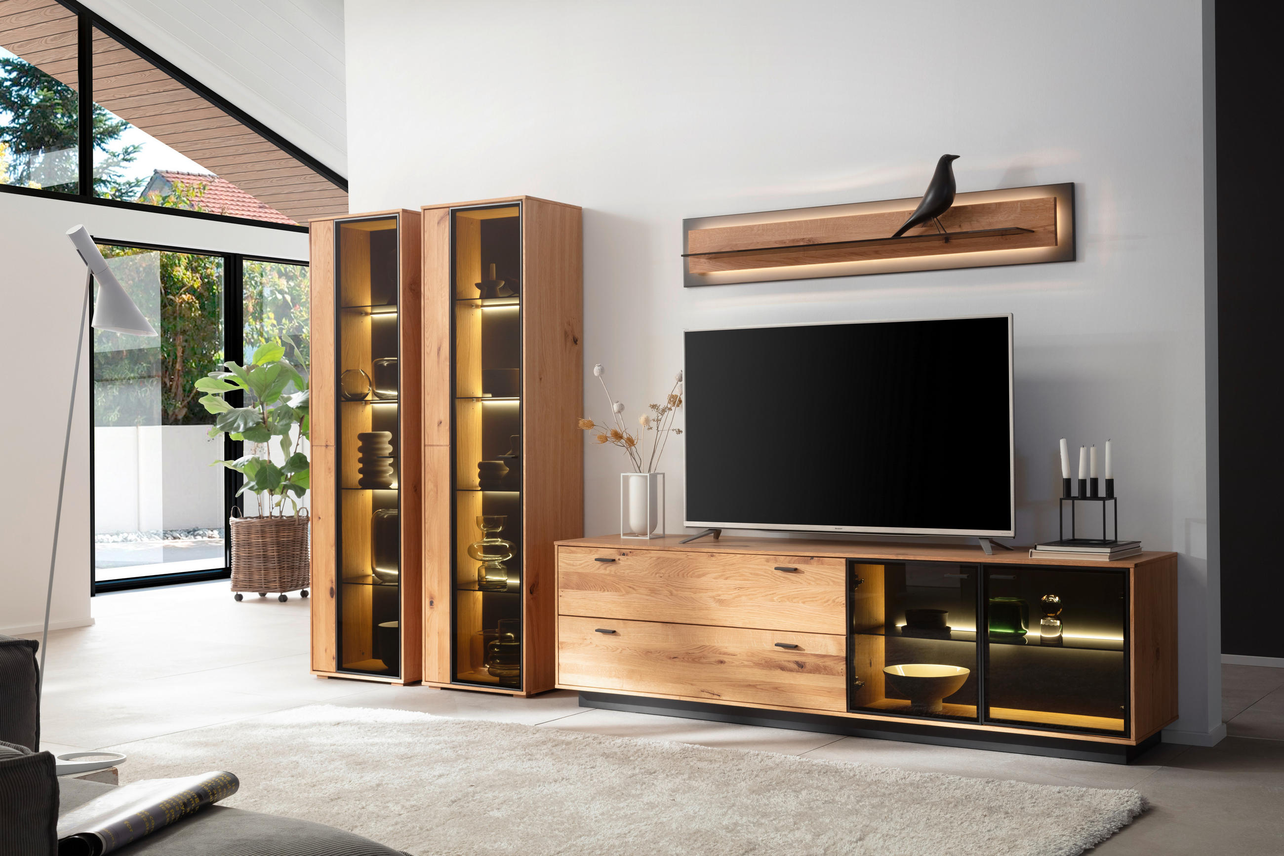 WOHNWAND in Anthrazit, Eichefarben 333/190/50 cm - Eichefarben/Anthrazit, Natur, Glas/Holz (333/190/50cm) - Linea Natura