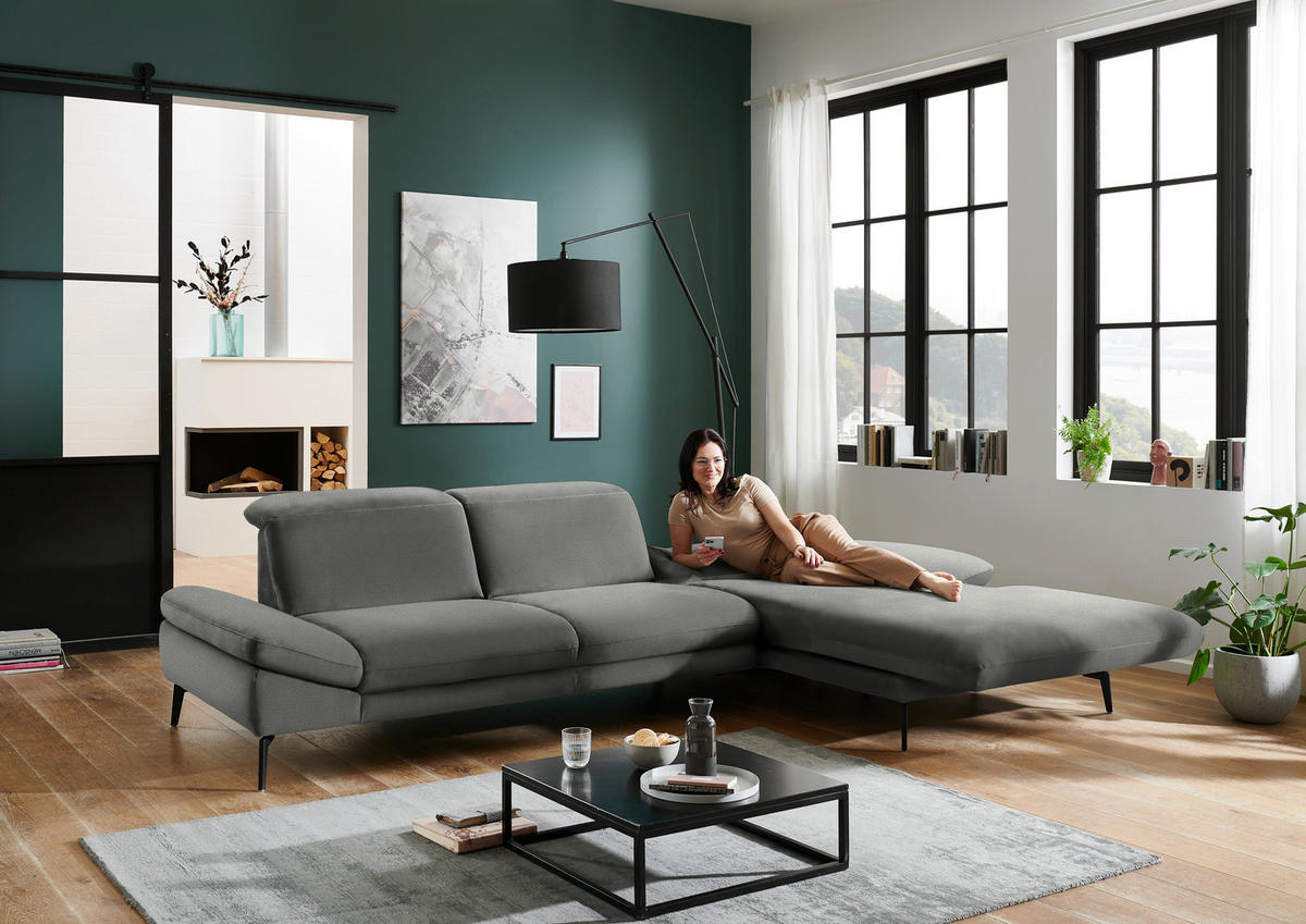 ECKSOFA in Chenille Grau  - Schwarz/Grau, Design, Textil/Metall (319/188cm) - Beldomo System