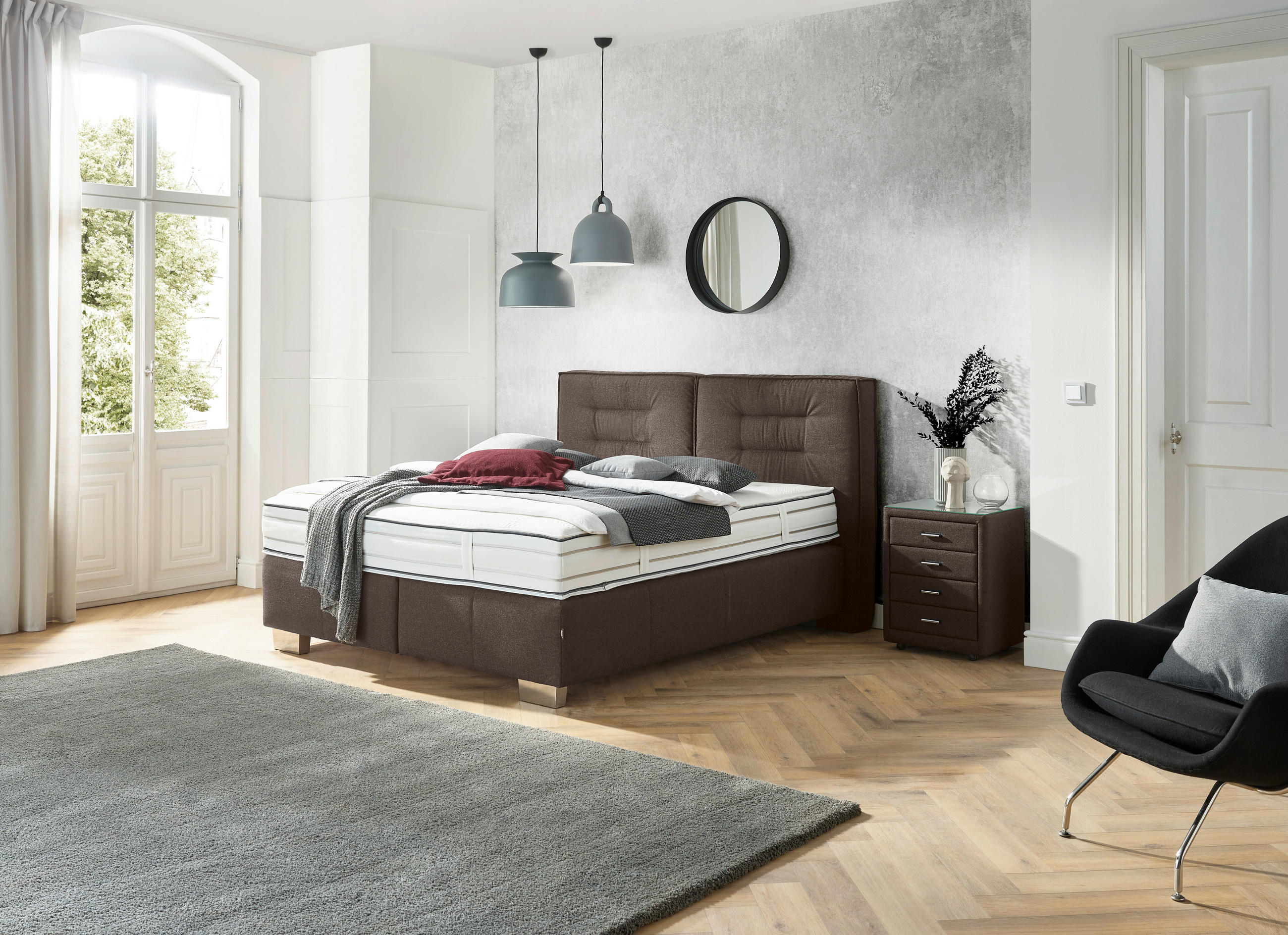 Thumbnail - Dieter Knoll Boxspringbett, Dunkelbraun, Textil, H2 + H4, 7-Zonen, Höhe ca. 27 cm, 160x200 cm, gepolstertes Kopfteil, St...