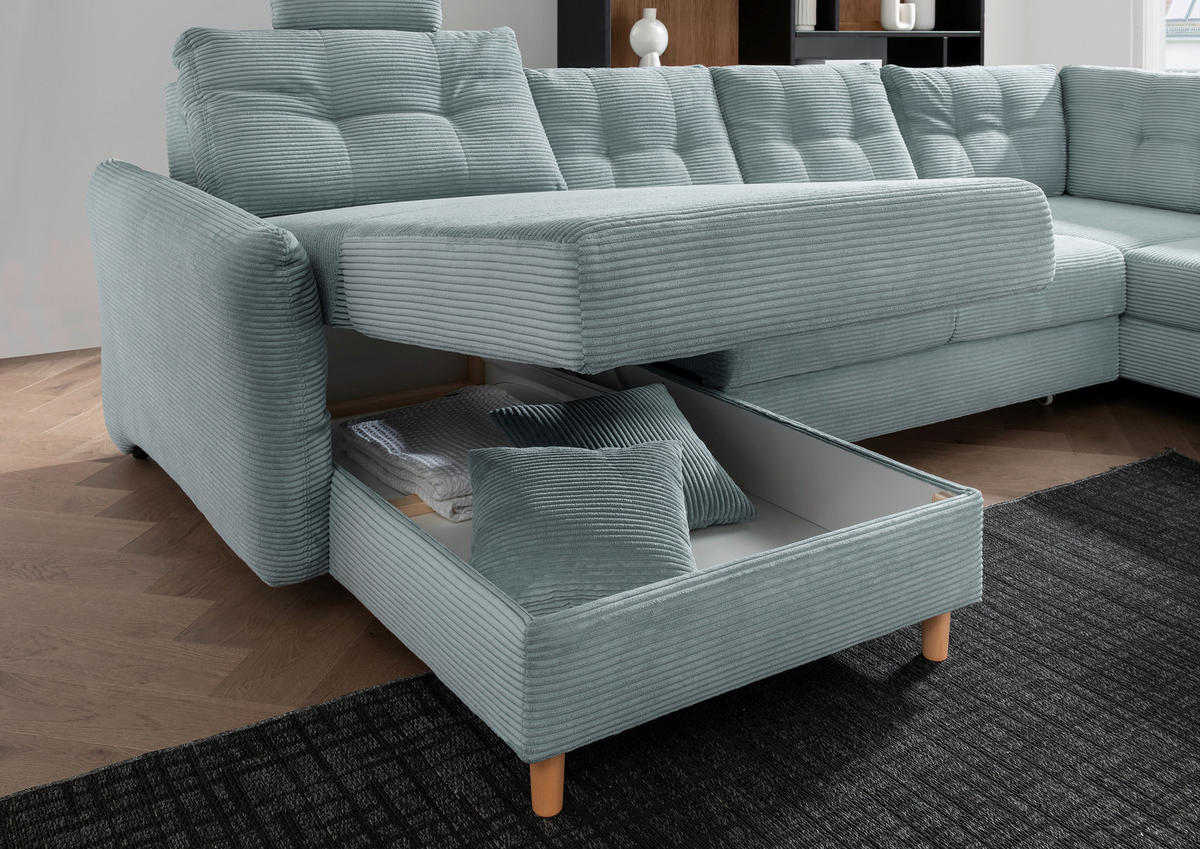 WOHNLANDSCHAFT in Cord Hellblau  - Naturfarben/Hellblau, Modern, Holz/Textil (176/338-352/206cm) - Livetastic