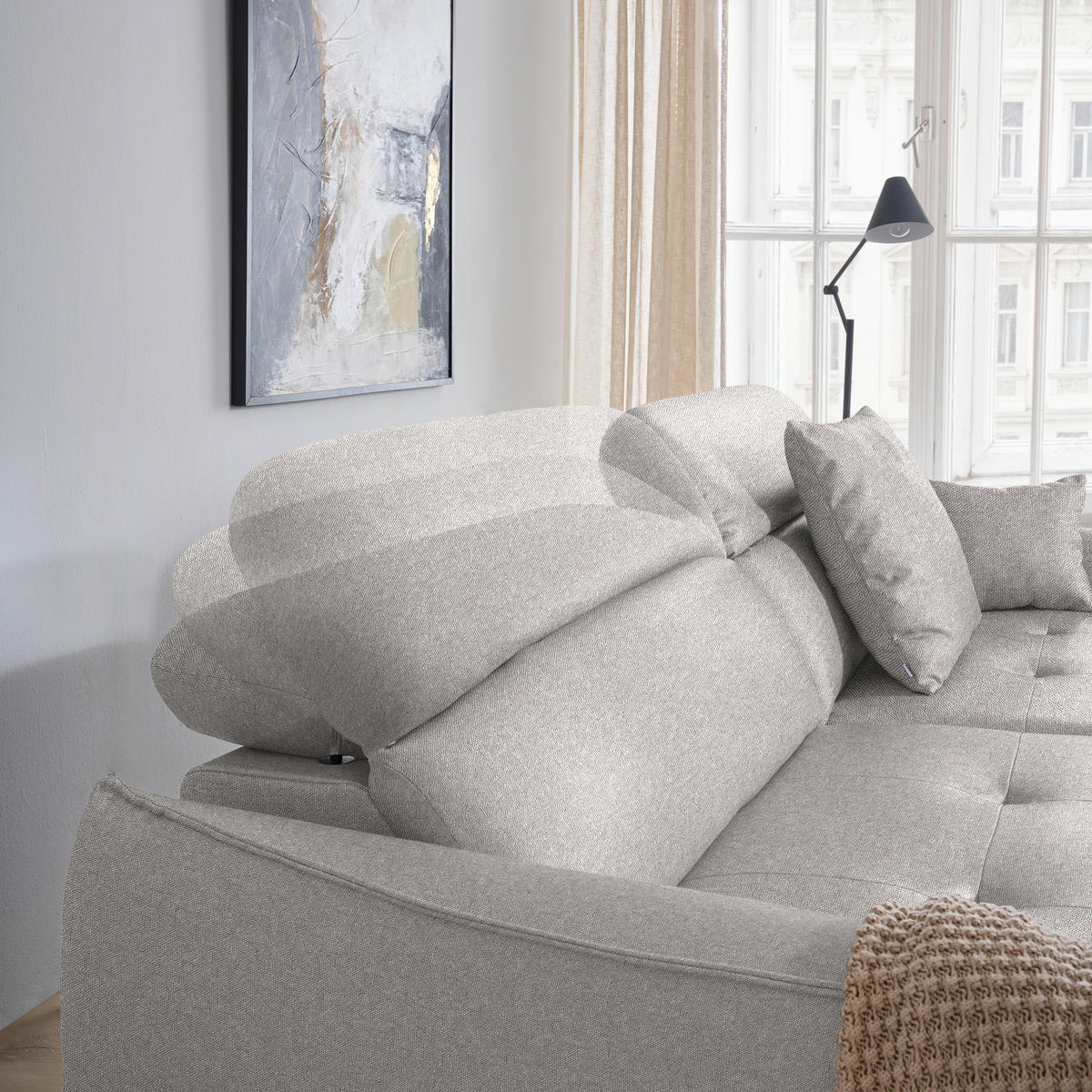 ECKSOFA MANTA in Flachgewebe Grauweiß Bettkasten, Rücken echt, Relaxfunktion, Kopfteilverstellung  175/246 cm  - Grauweiß/Schwarz, Design, Textil/Metall (175/246cm) - Celina