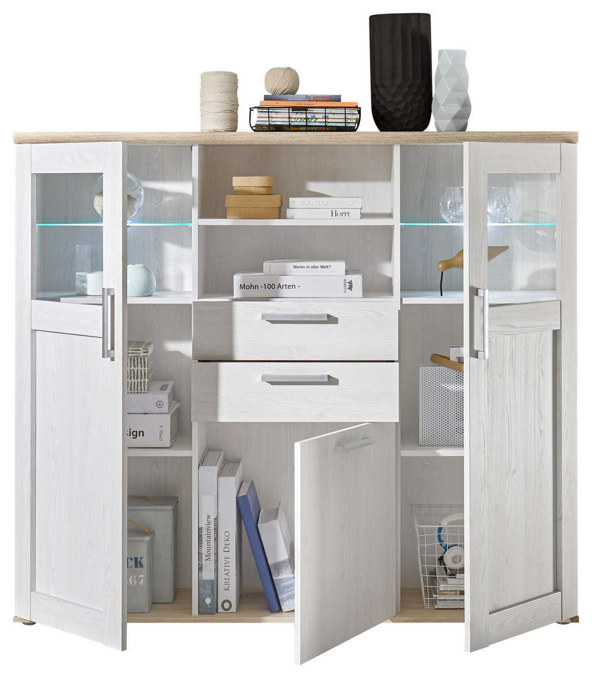 COMODĂ ÎNALTĂ 157/137/38 cm  - argintiu/stejar San Remo, Lifestyle, plastic/sticlă (157/137/38cm) - MID.YOU