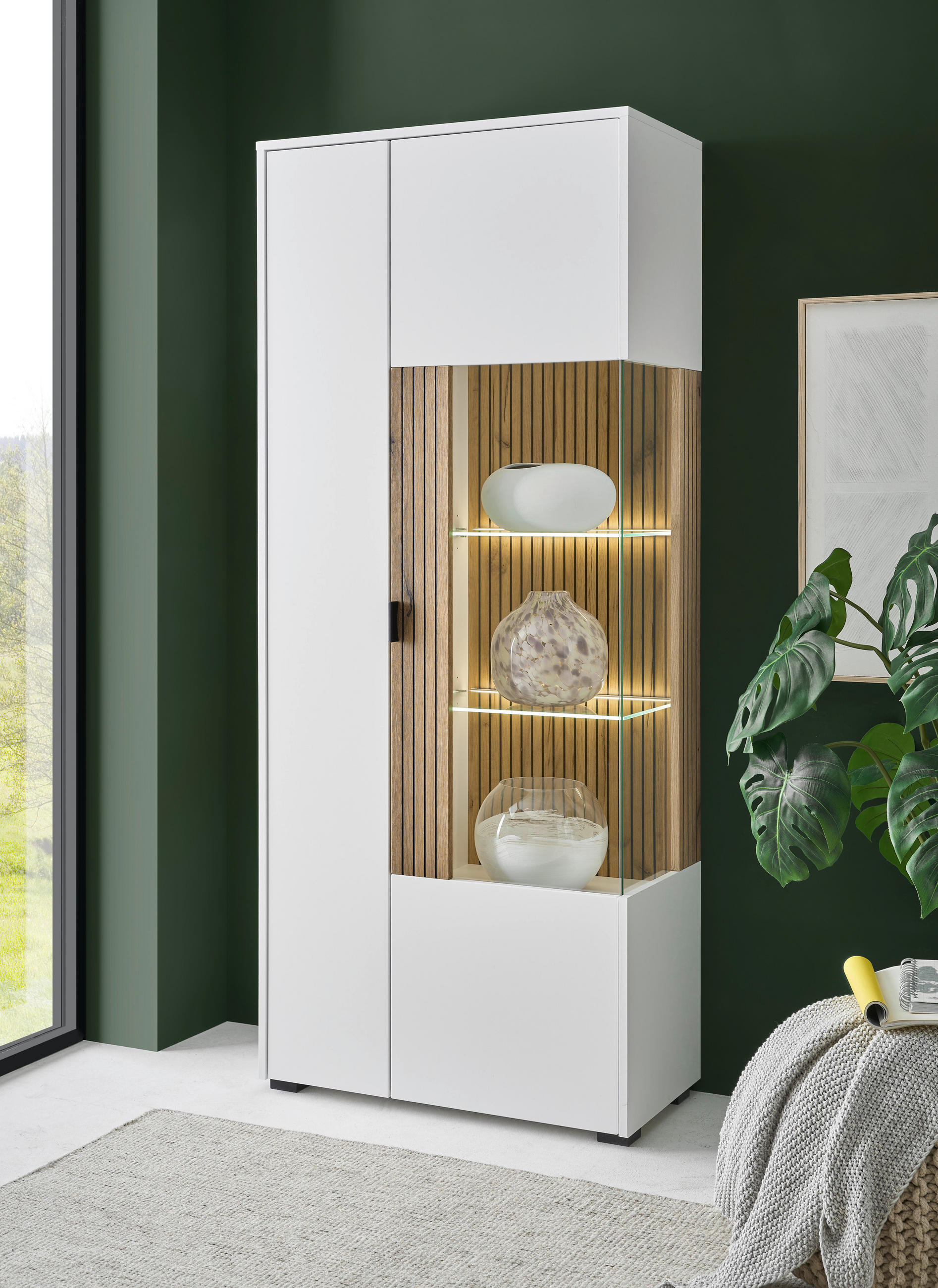 VITRINE in Eichefarben, Weiß  - Eichefarben/Schwarz, Design, Glas/Holzwerkstoff (75/180/38cm) - MID.YOU